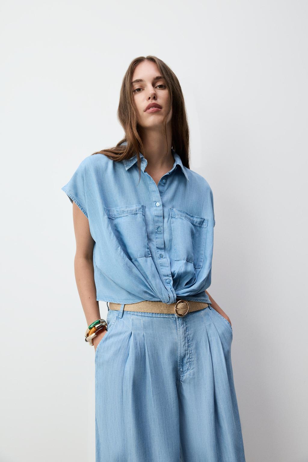 Lightweight denim shirt with knot