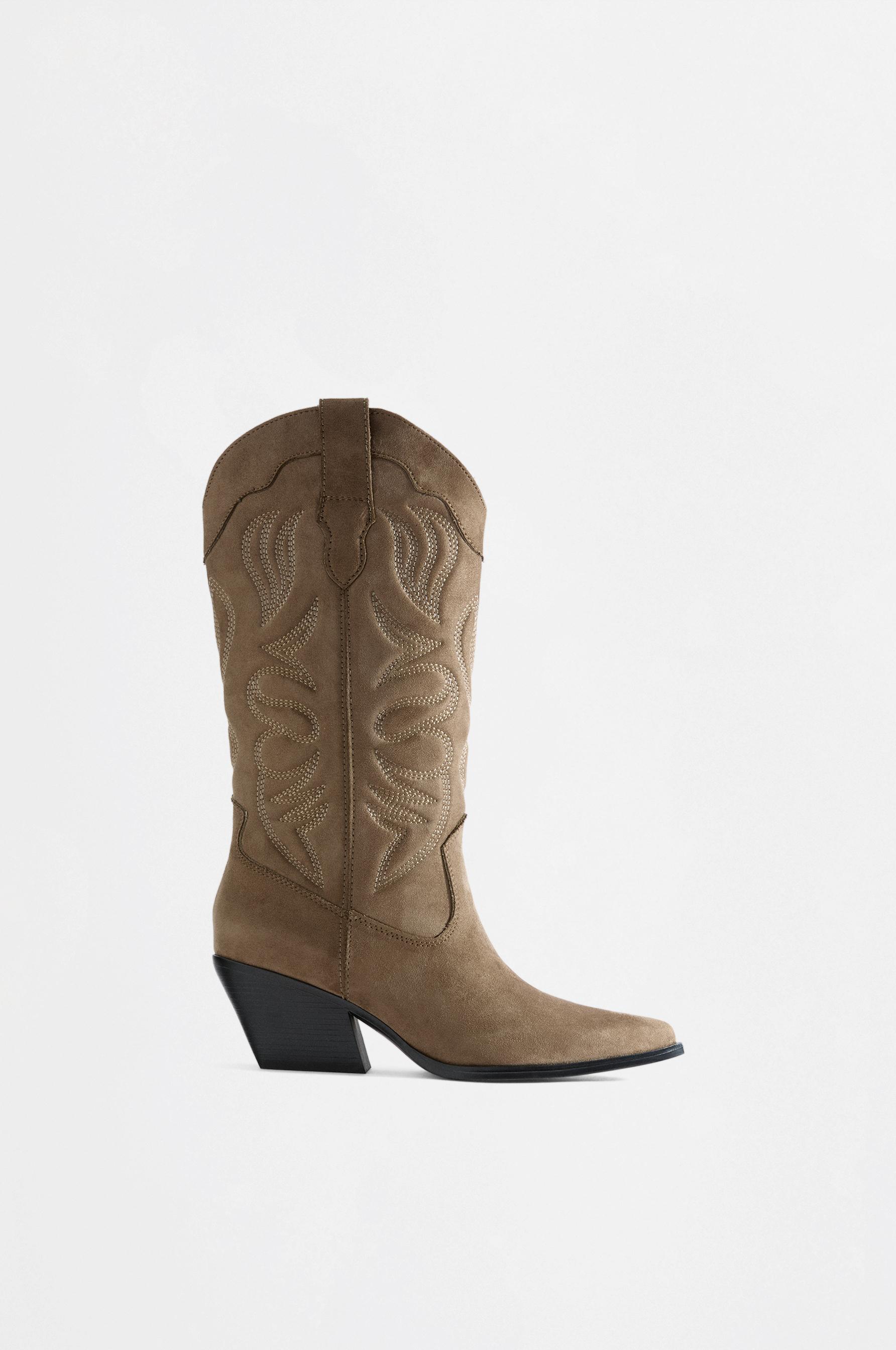 Split suede-effect cowboy boots — BROWN