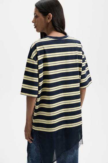 Striped lace-hem T-shirt — STRIPED 4