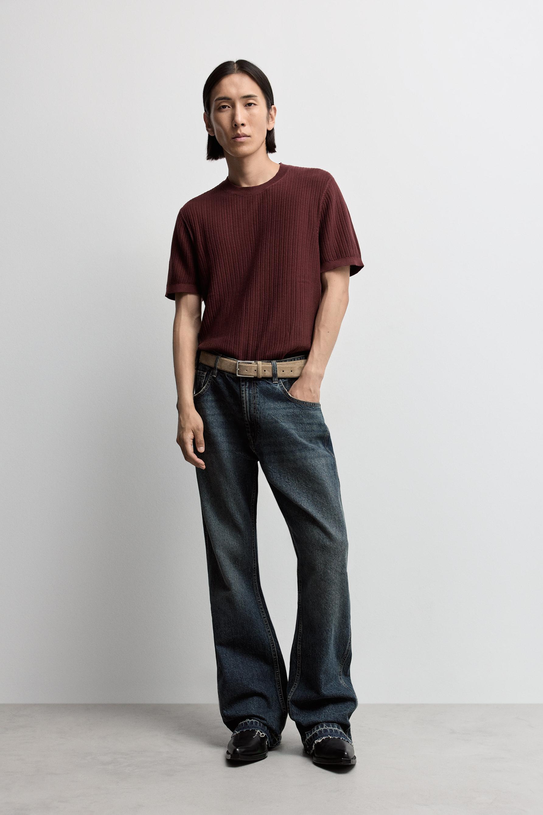Ribbed knit T-shirt — MAROON