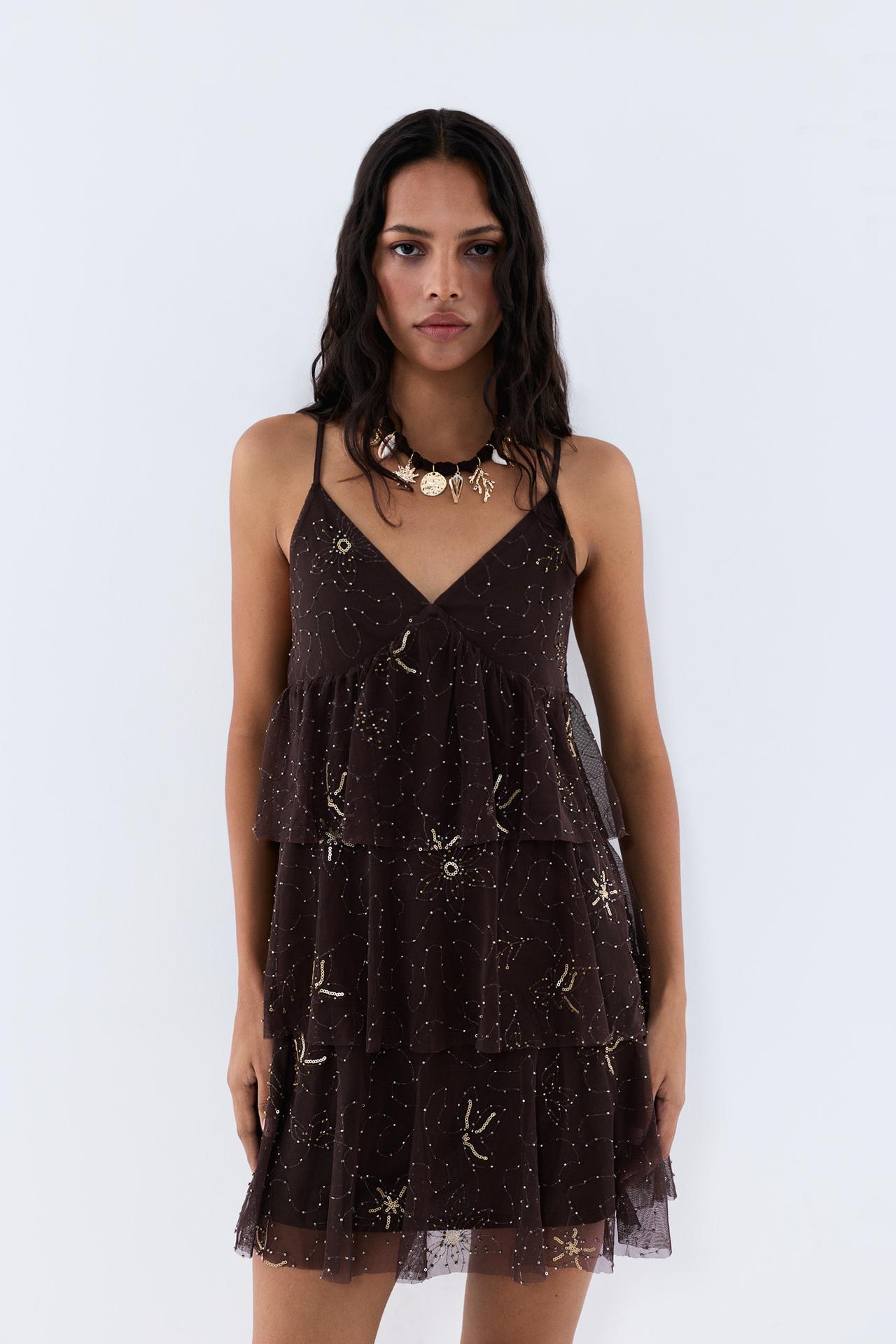Short dress with rhinestone embroidery — BROWN