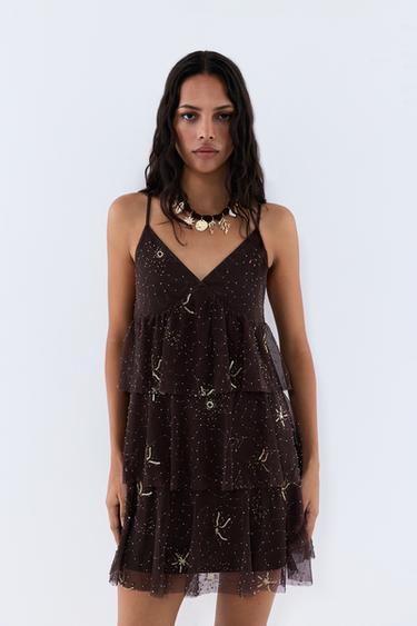 Short dress with rhinestone embroidery — BROWN 1