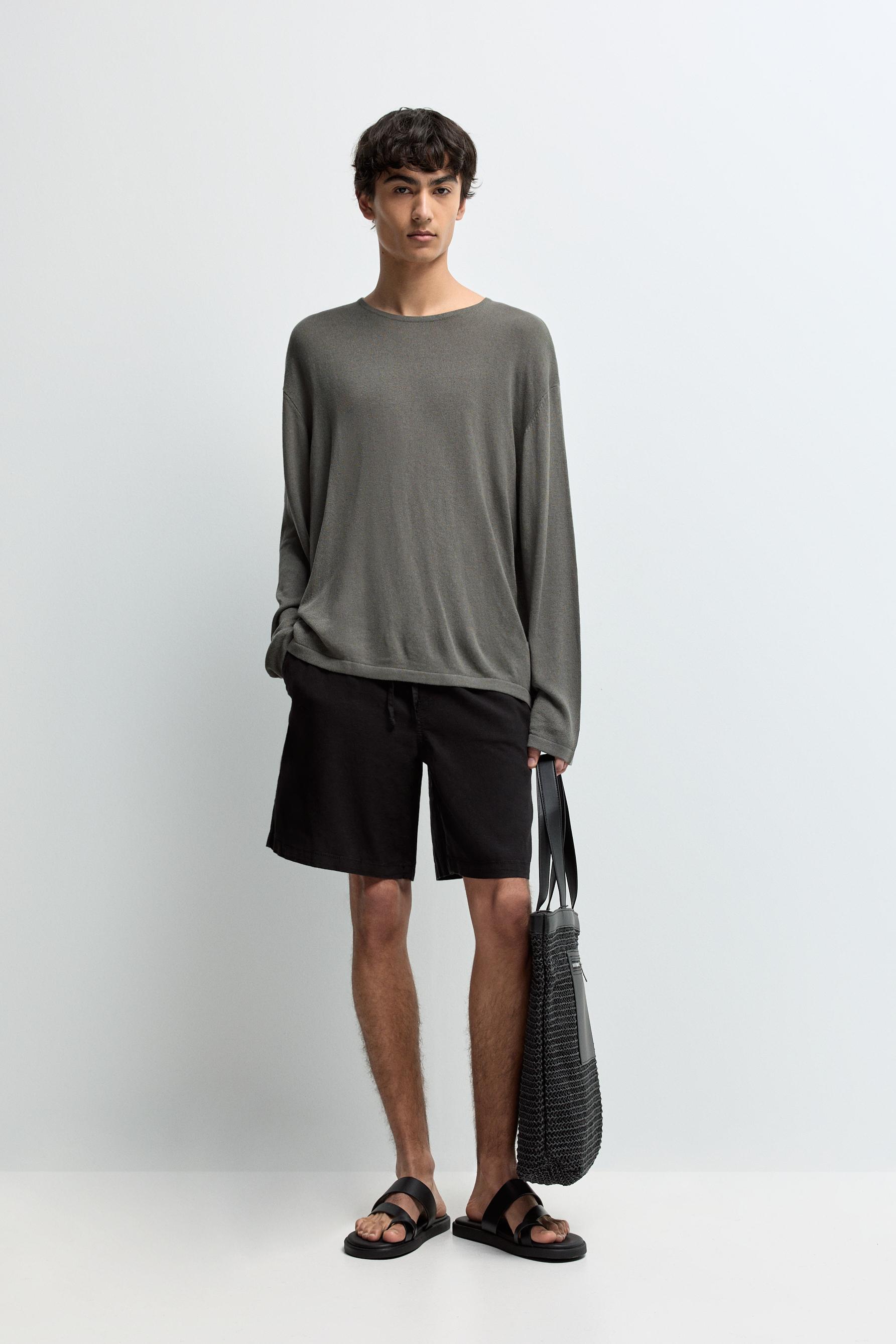 Linen-cotton jogger Bermuda shorts — BLACK