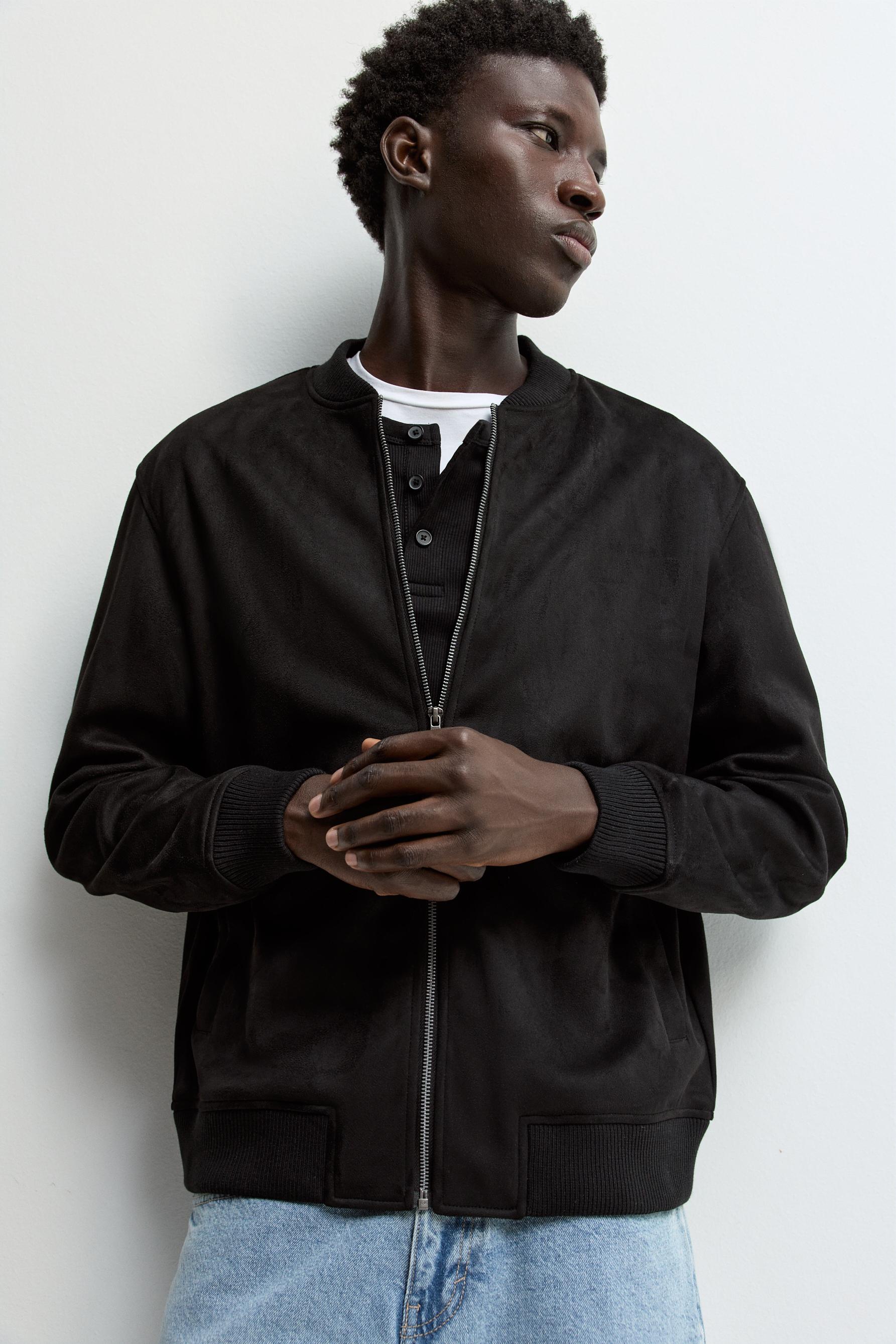 Faux suede bomber jacket — BLACK