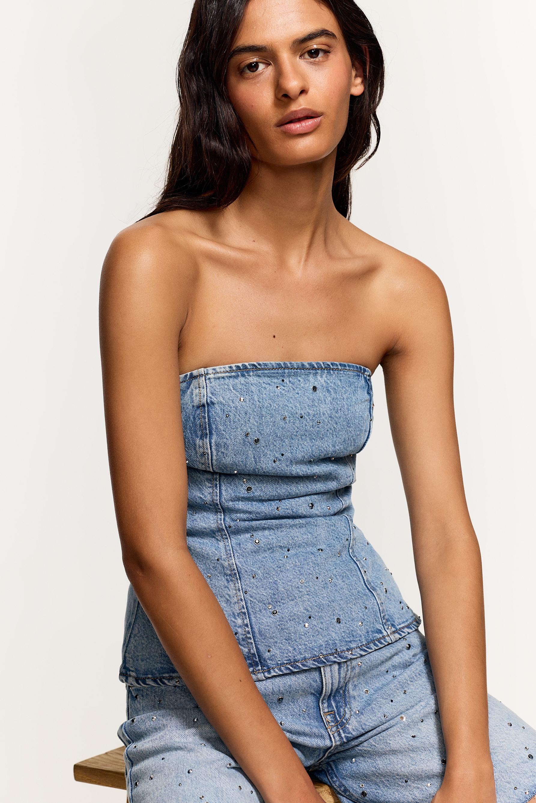 Denim bandeau top with rhinestones — INDIGO