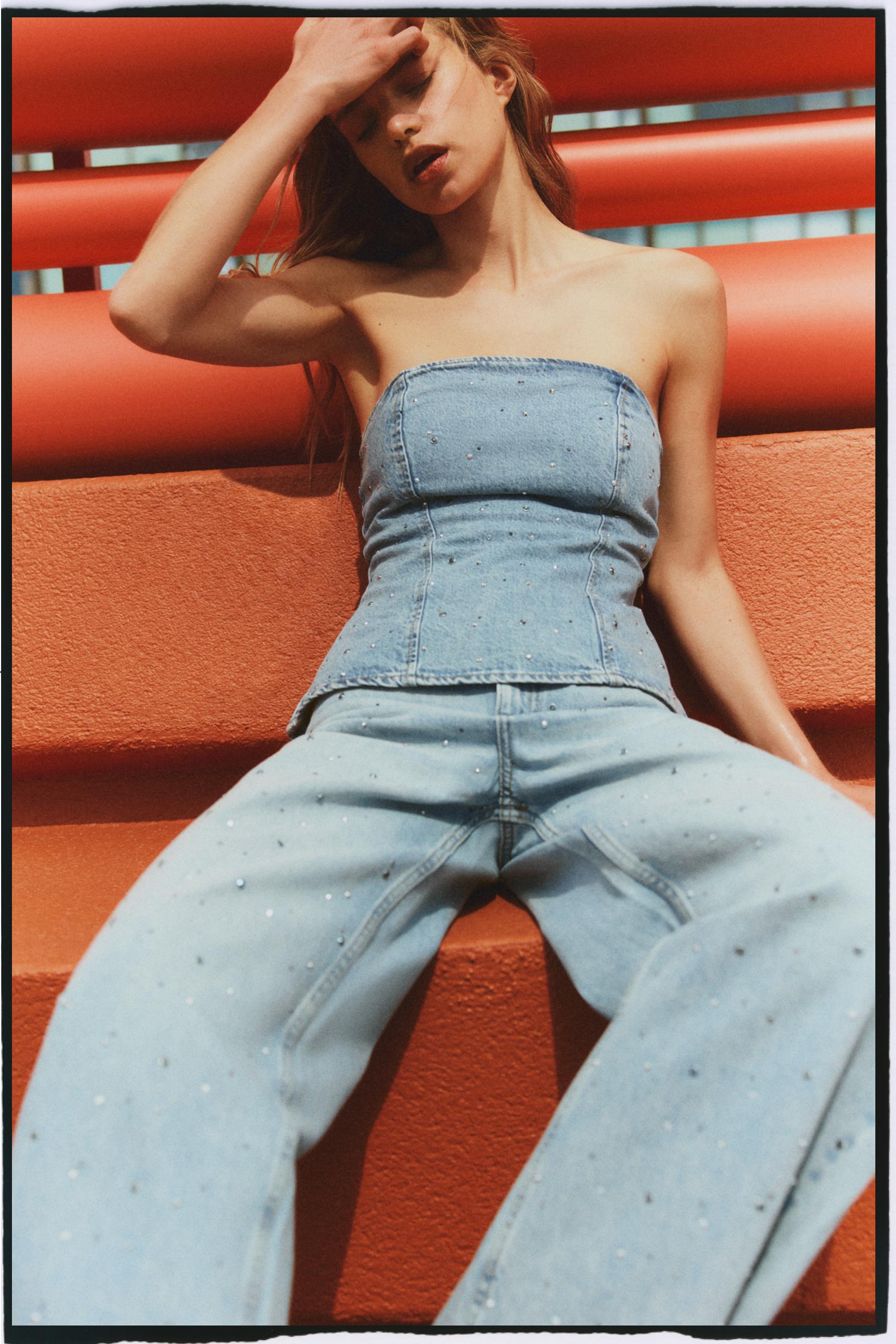 Denim bandeau top with rhinestones — INDIGO