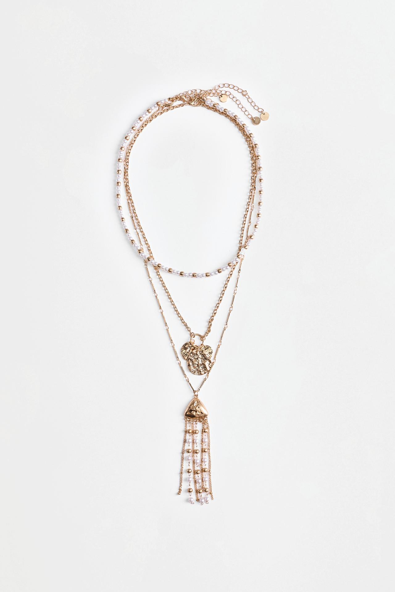 Layered faux pearl and fringe necklace — GOLD