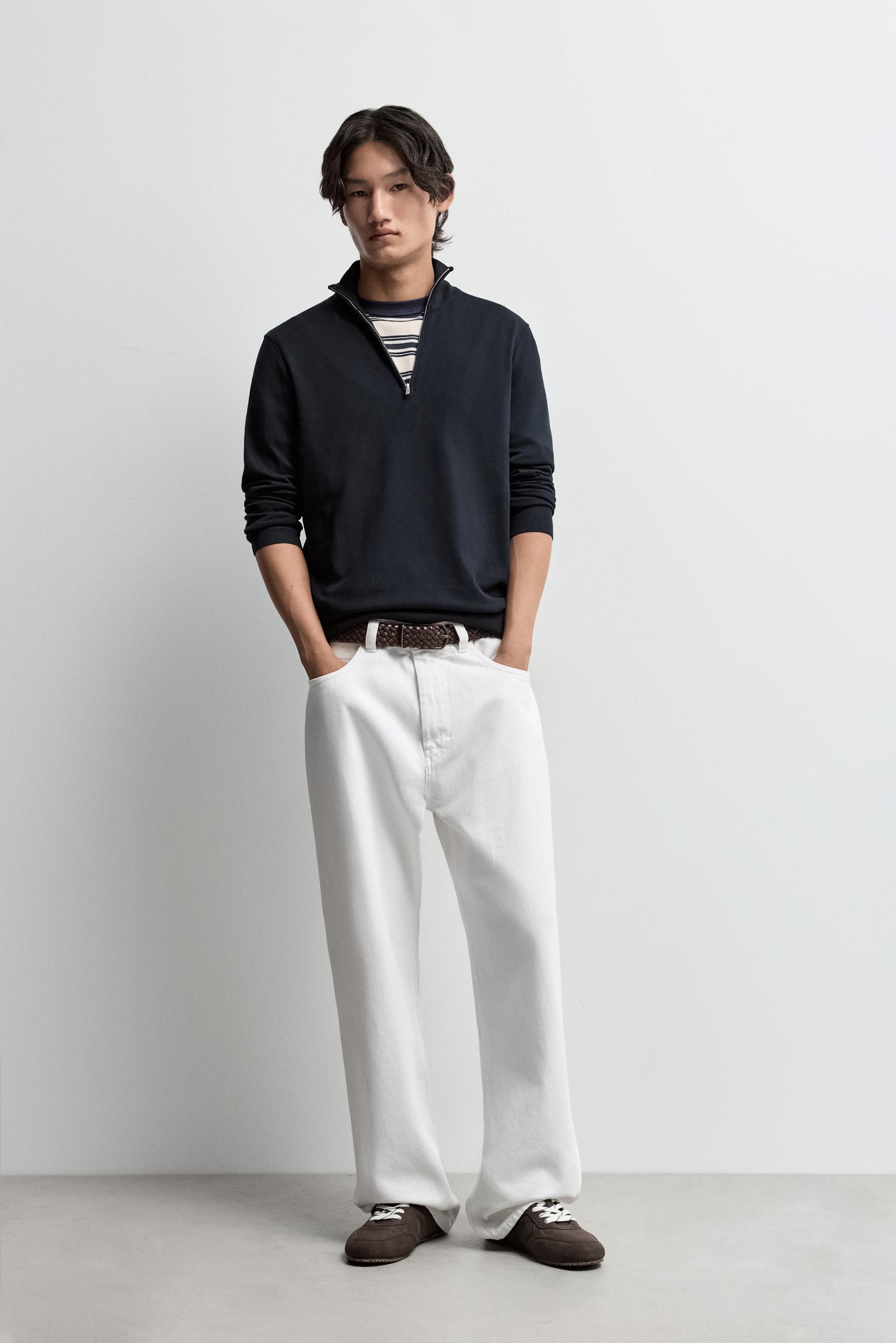 Zip-up high neck sweater — NAVY