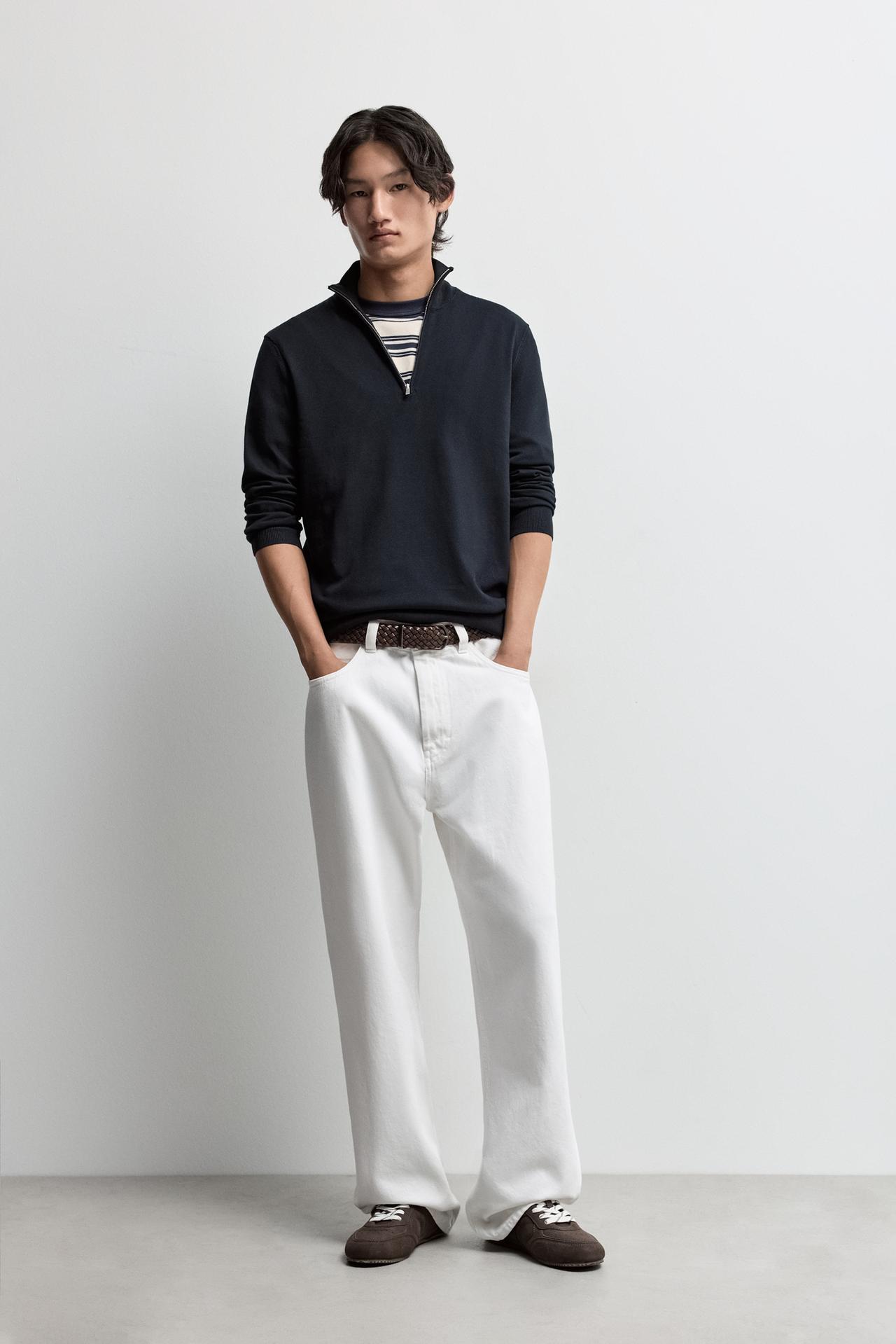 Zip-up high neck sweater — NAVY