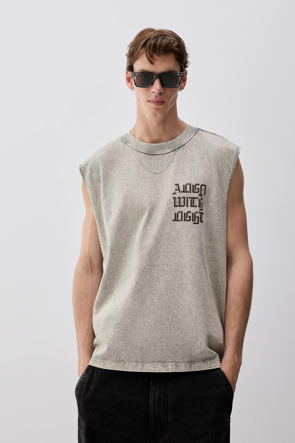 Faded-effect printed sleeveless T-shirt