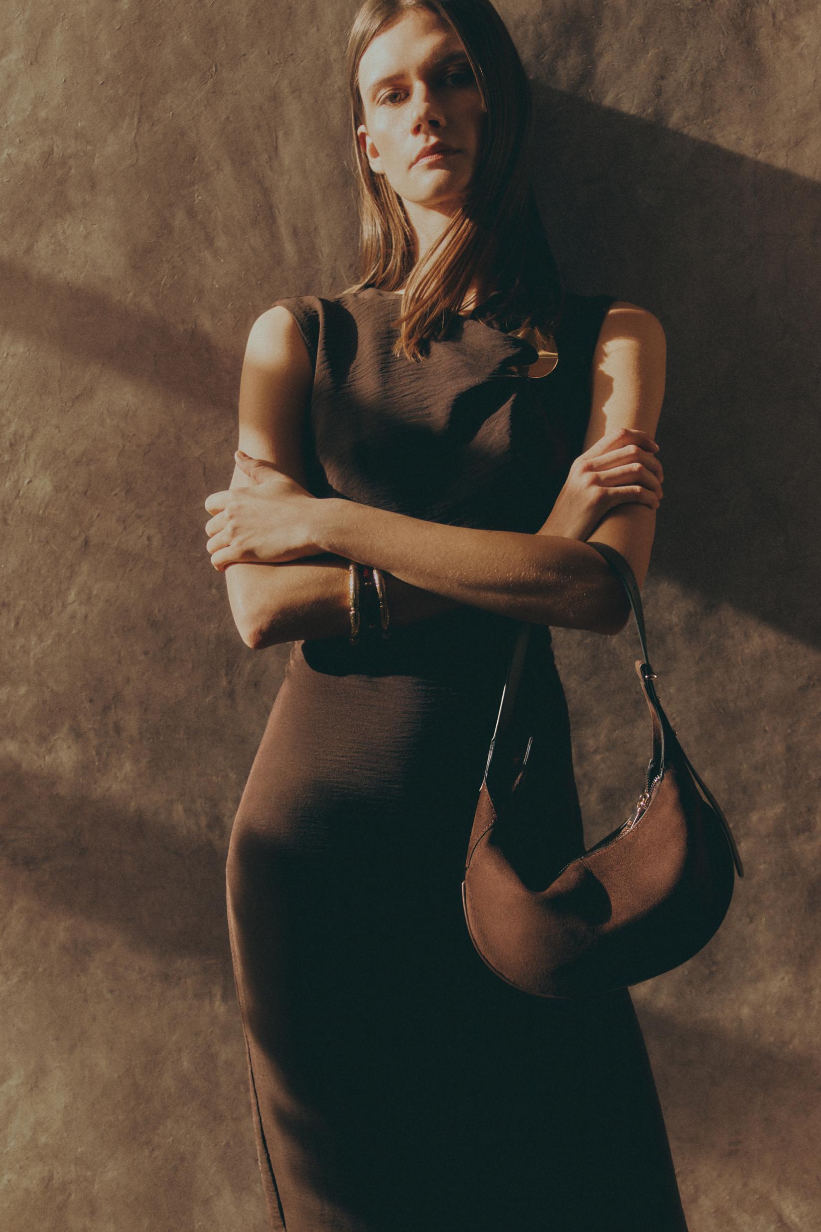 Faux Suede Shoulder Bag — BROWN
