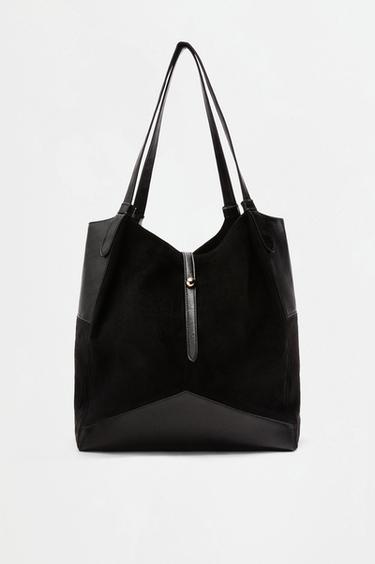 Faux suede patch shopper bag — BLACK 1