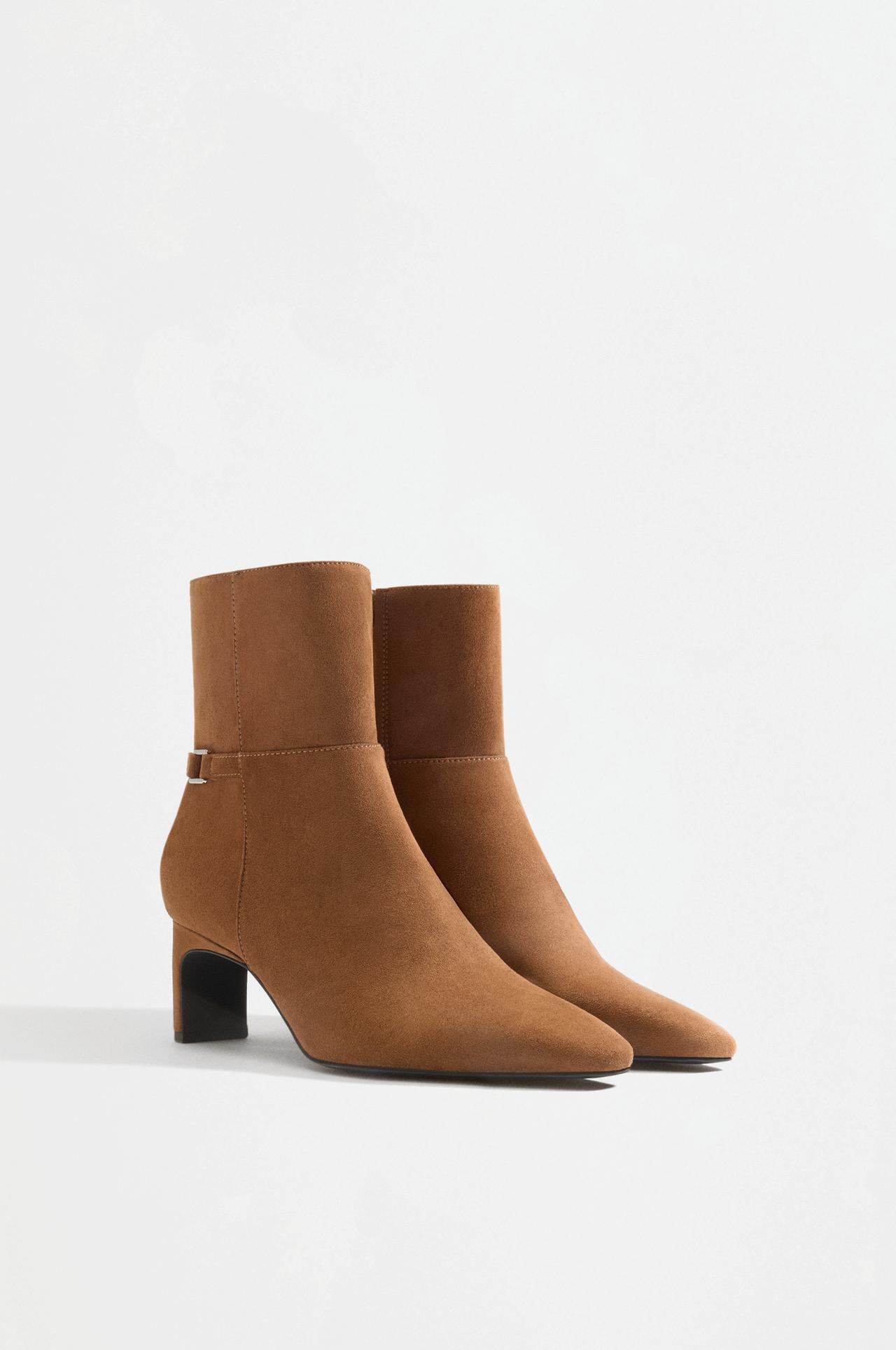 Faux suede ankle boots with heel detail — BROWN