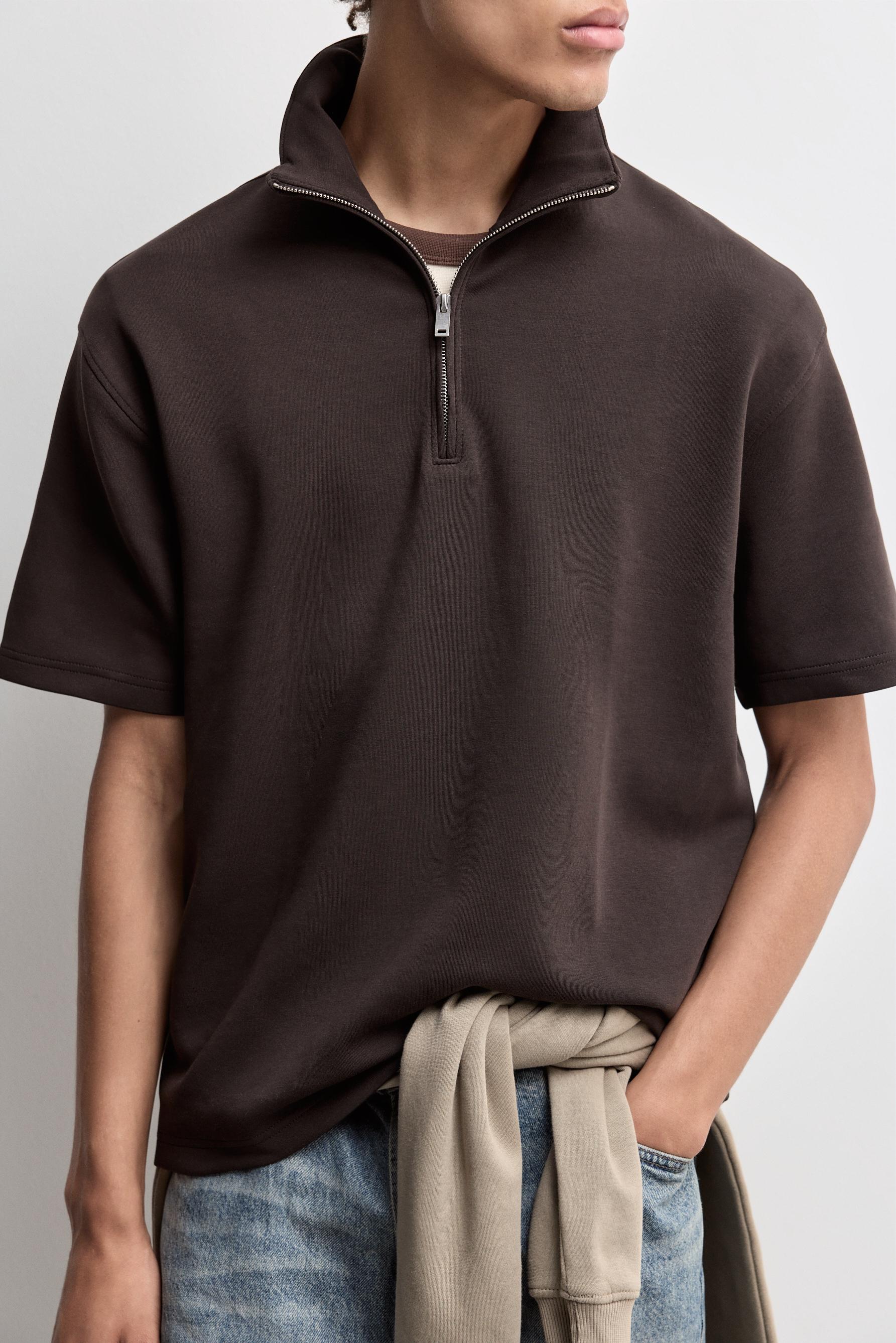 Interlock polo shirt with zip — DARK BROWN