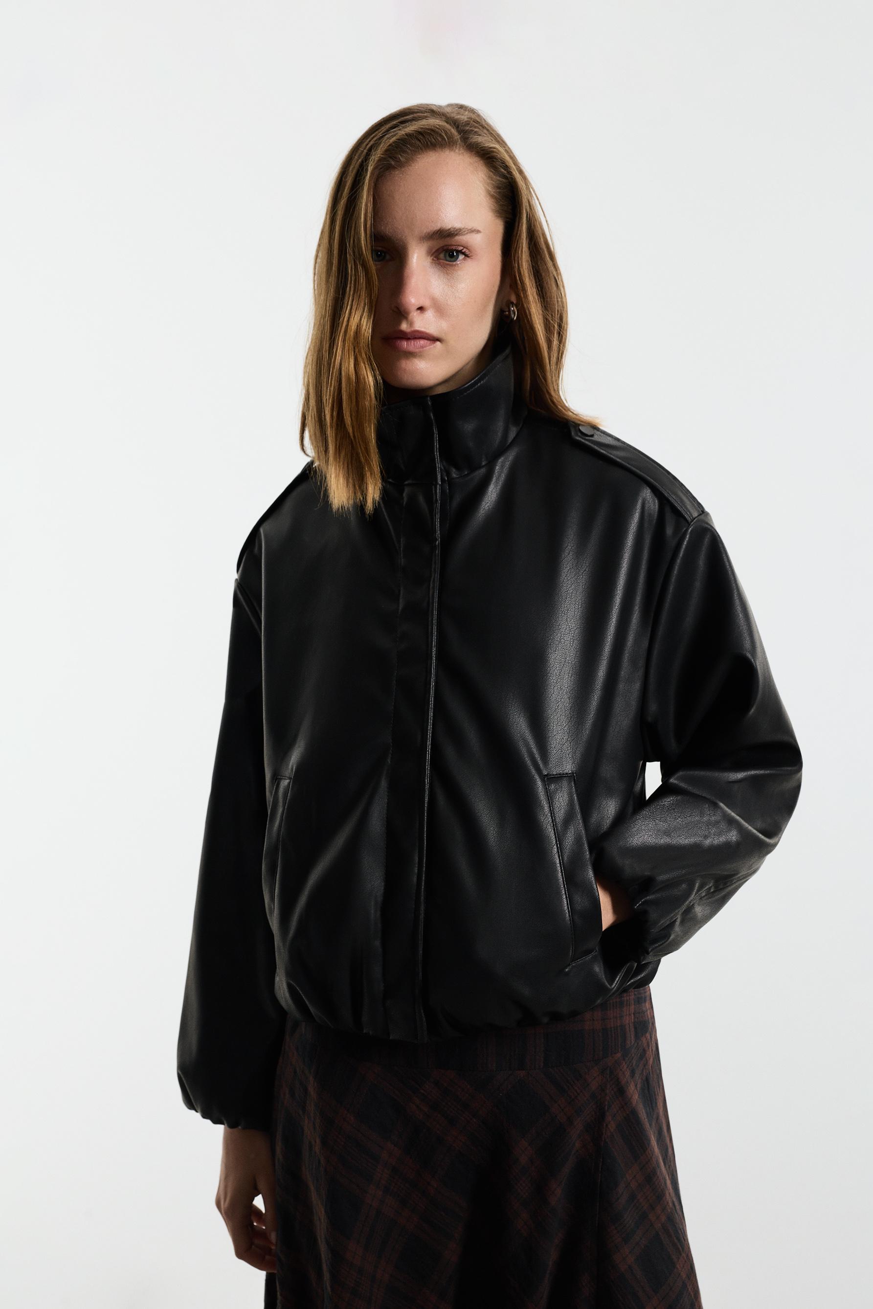 Cropped leather effect bomber jacket — BLACK