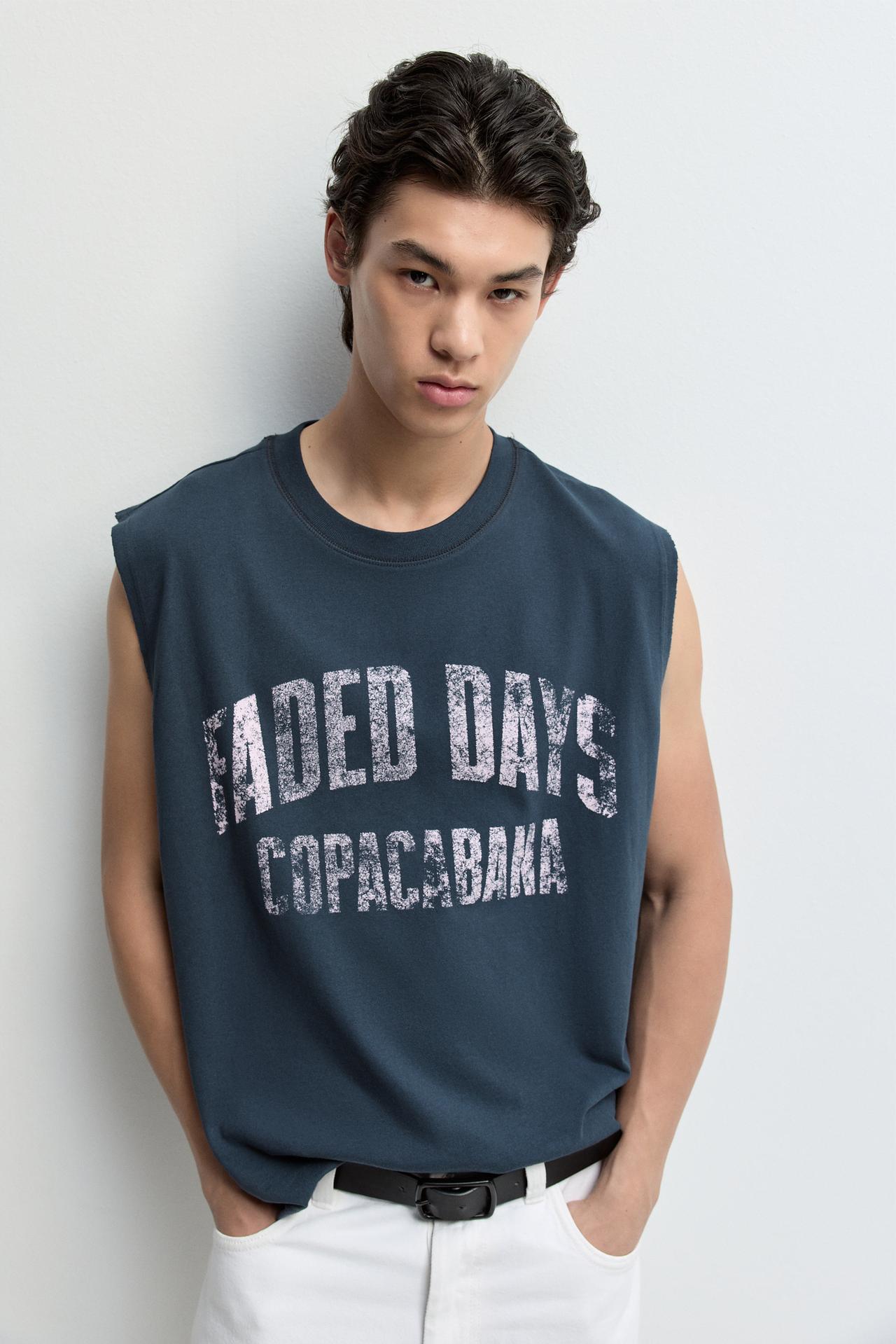 Faded-effect printed sleeveless T-shirt — DARK BLUE