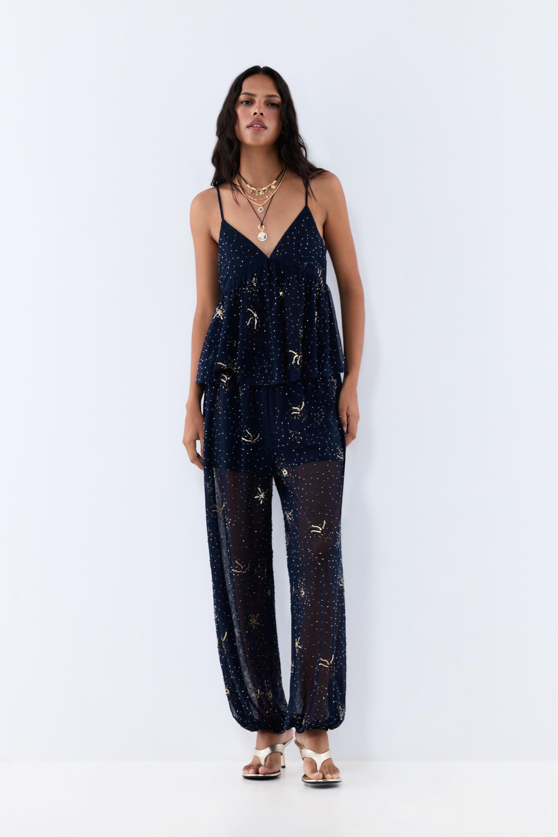 Rhinestone embroidered top — DARK NAVY