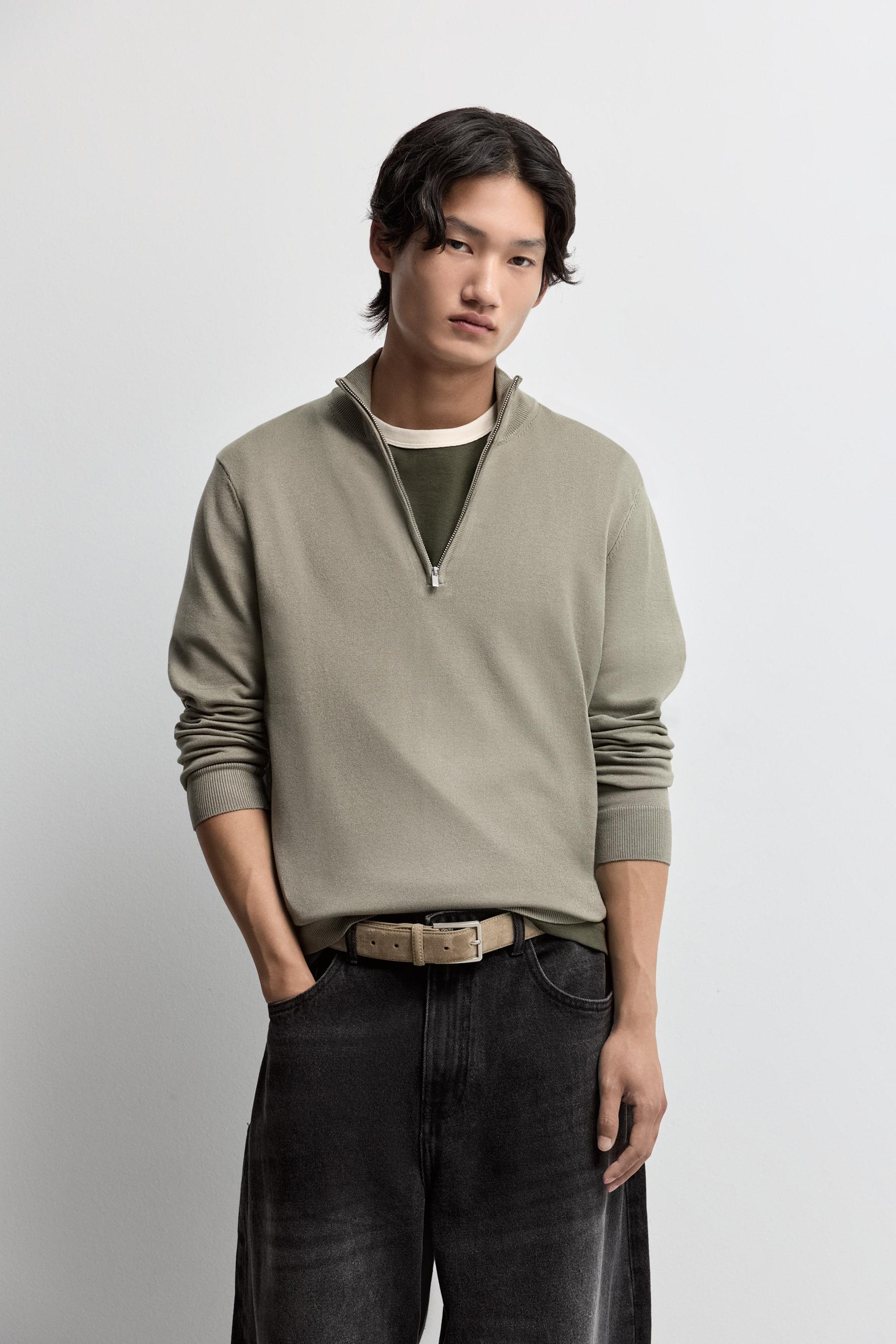 Zip-up high neck sweater — KHAKI