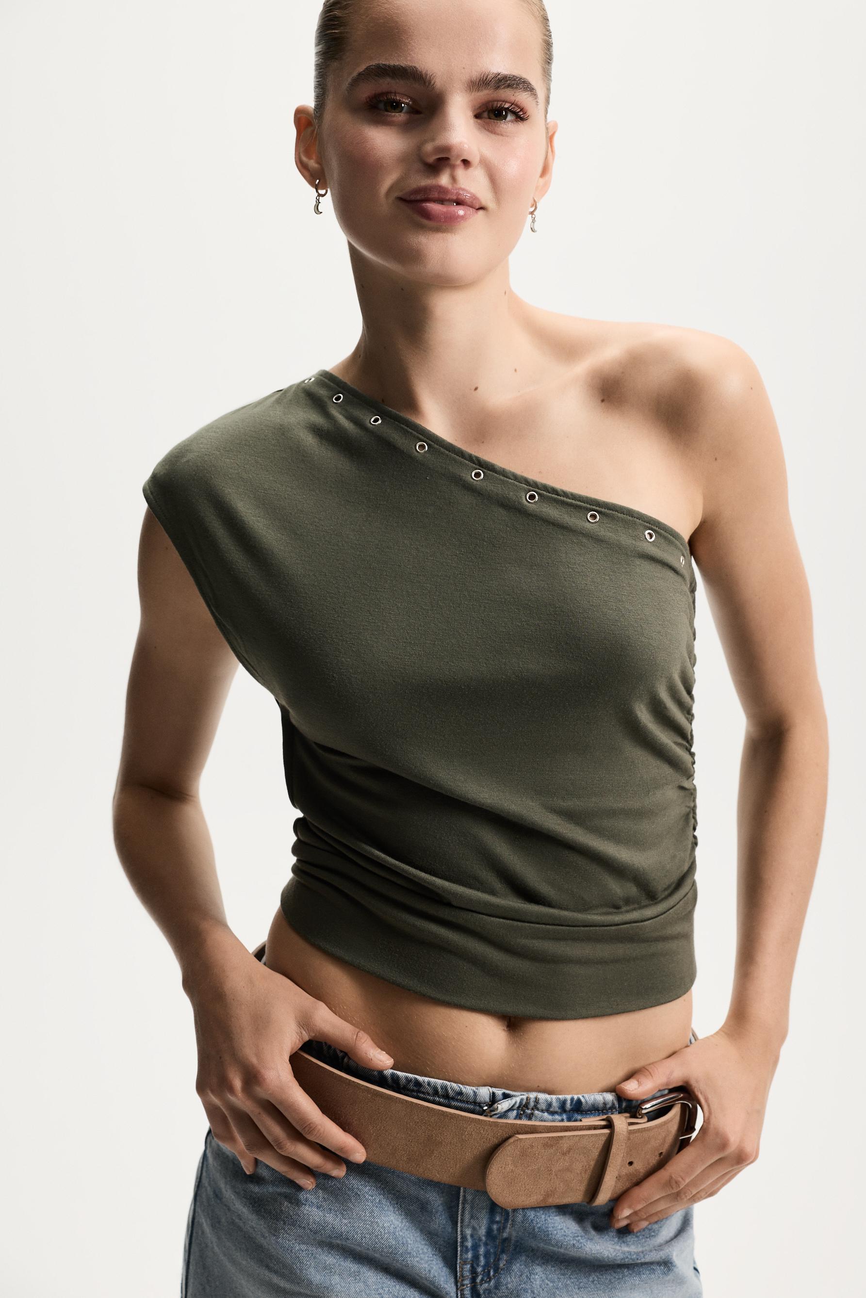 Asymmetric grommet top — KHAKI
