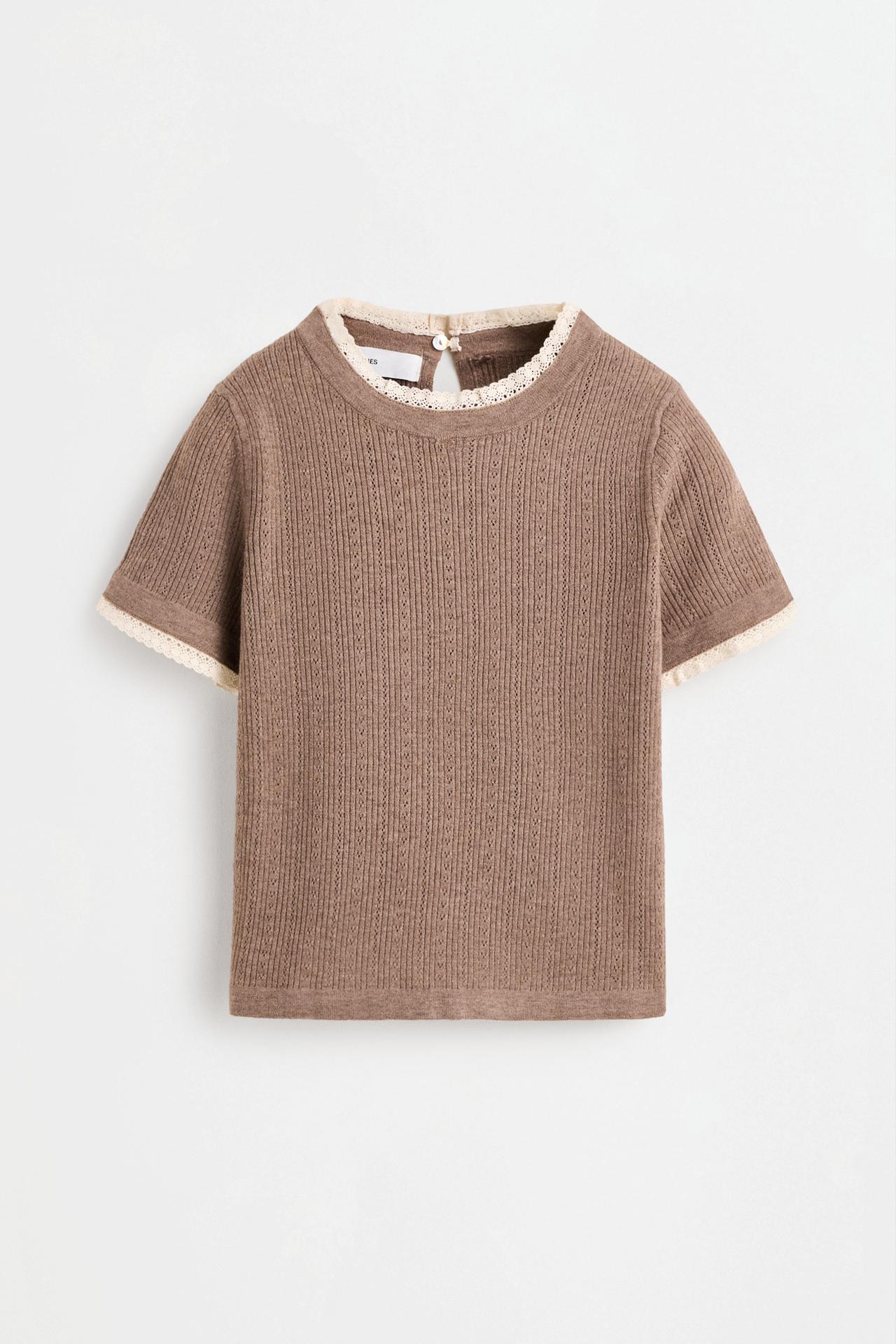Pointelle short sleeve sweater — TAUPE BROWN