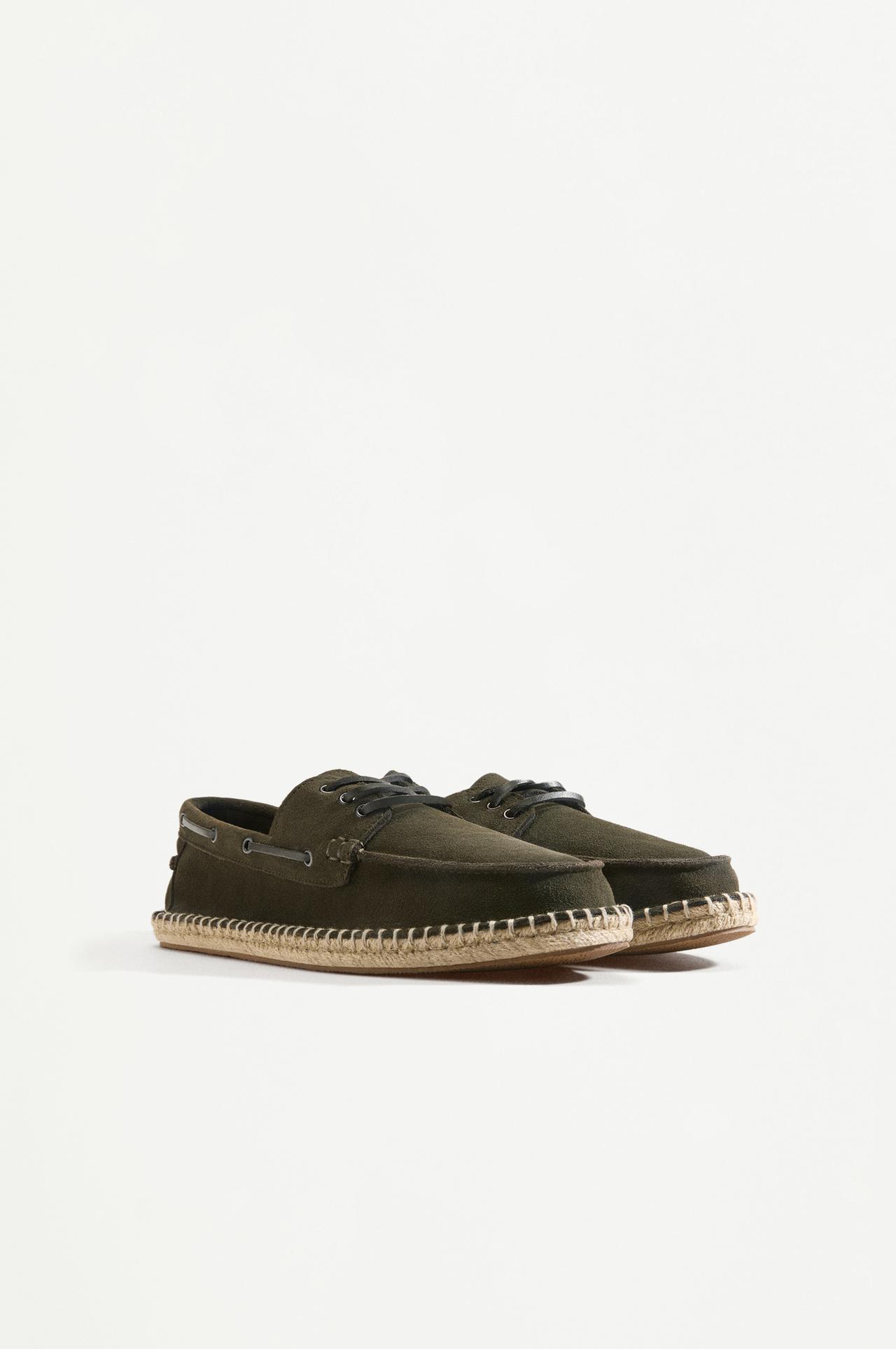 Leather boat shoe with jute effect — KHAKI