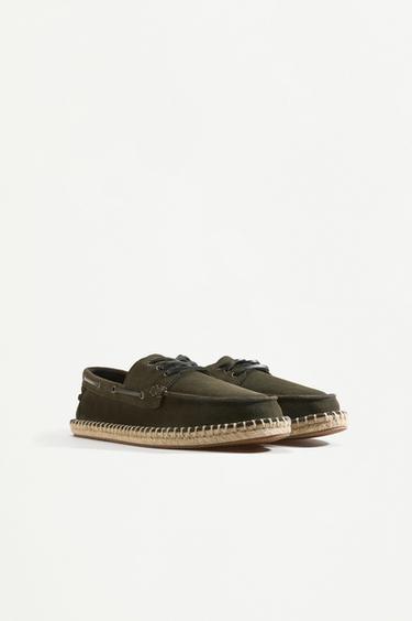 Leather boat shoe with jute effect — KHAKI 2