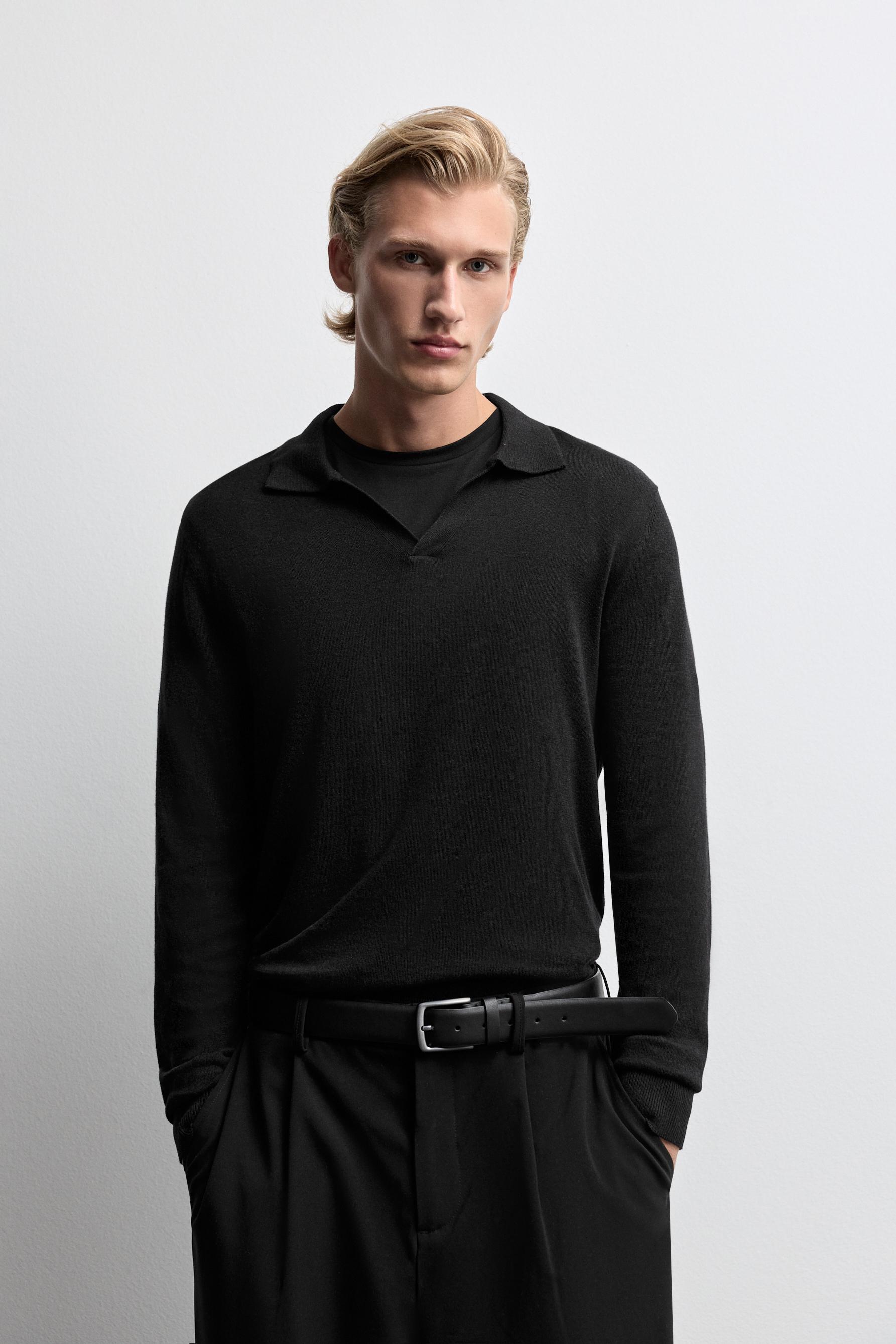 Long sleeve knit polo shirt — BLACK