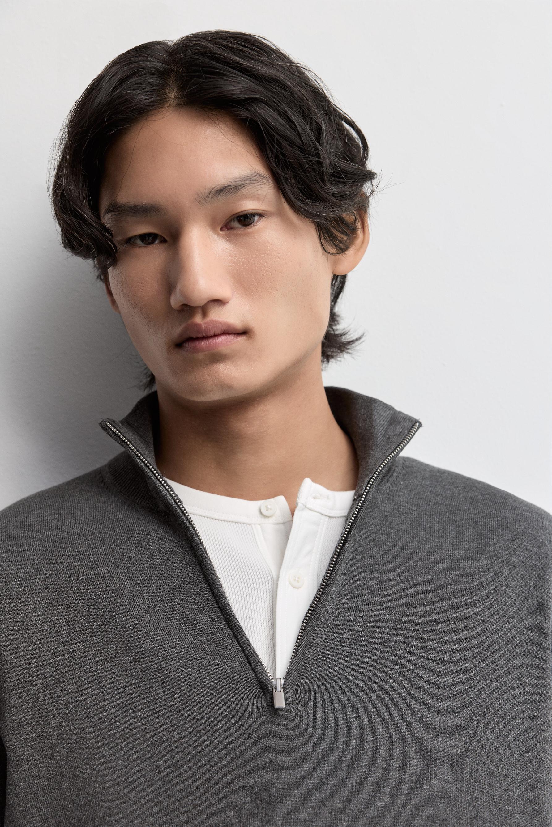Zip-up high neck sweater — DARK GREY MARL