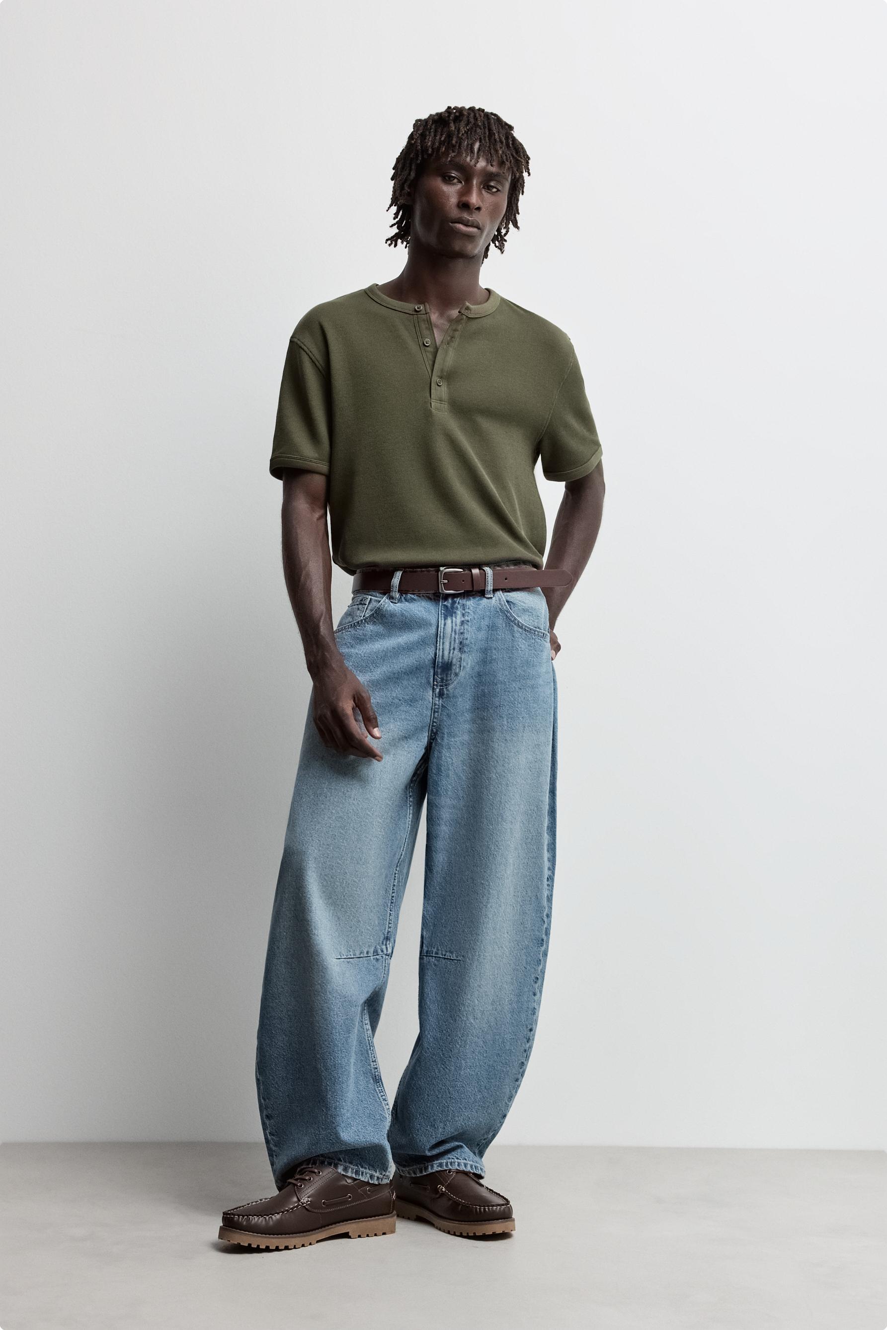 Textured henley T-shirt — MEDIUM GREEN