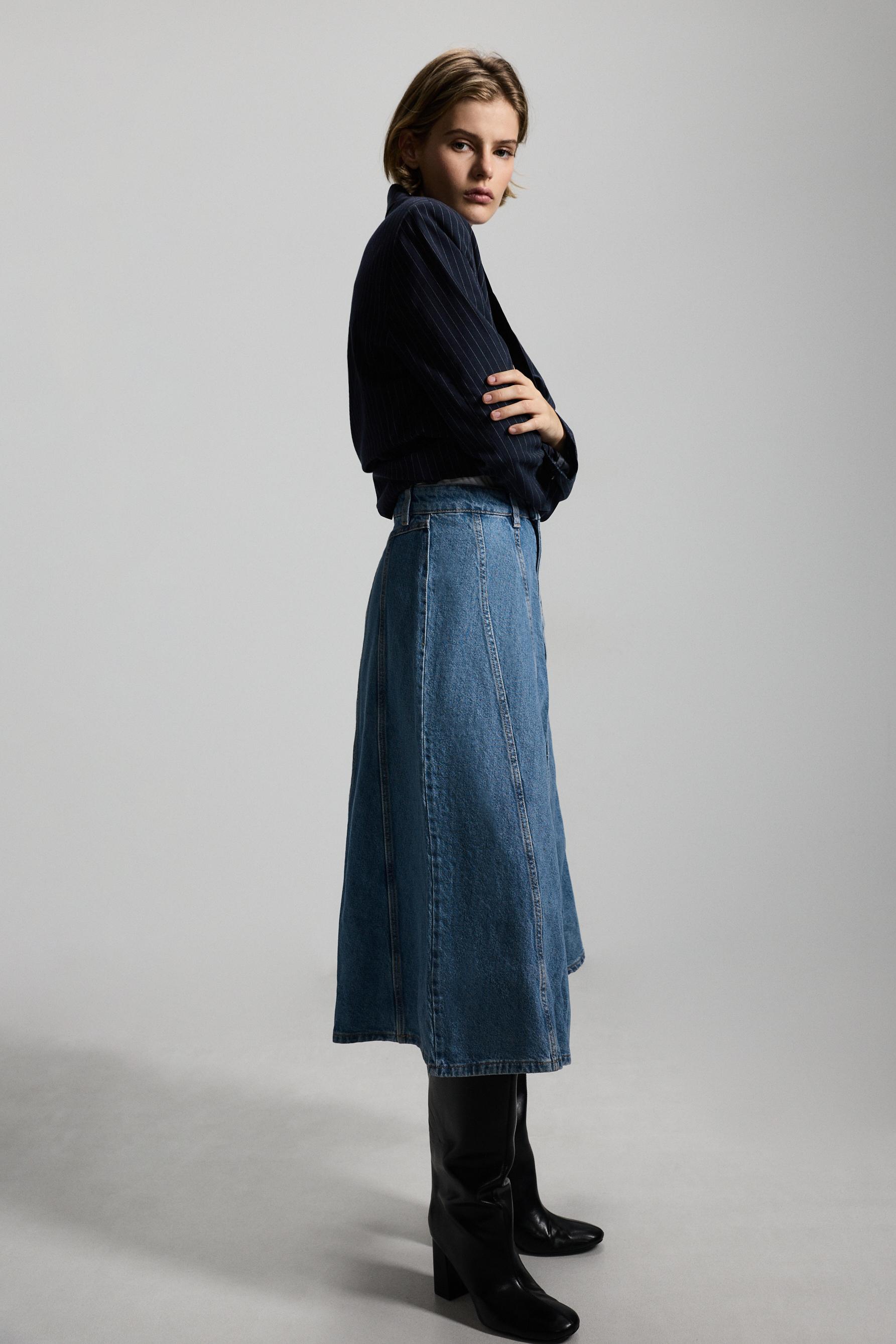 Godet denim midi skirt — FADED BLUE