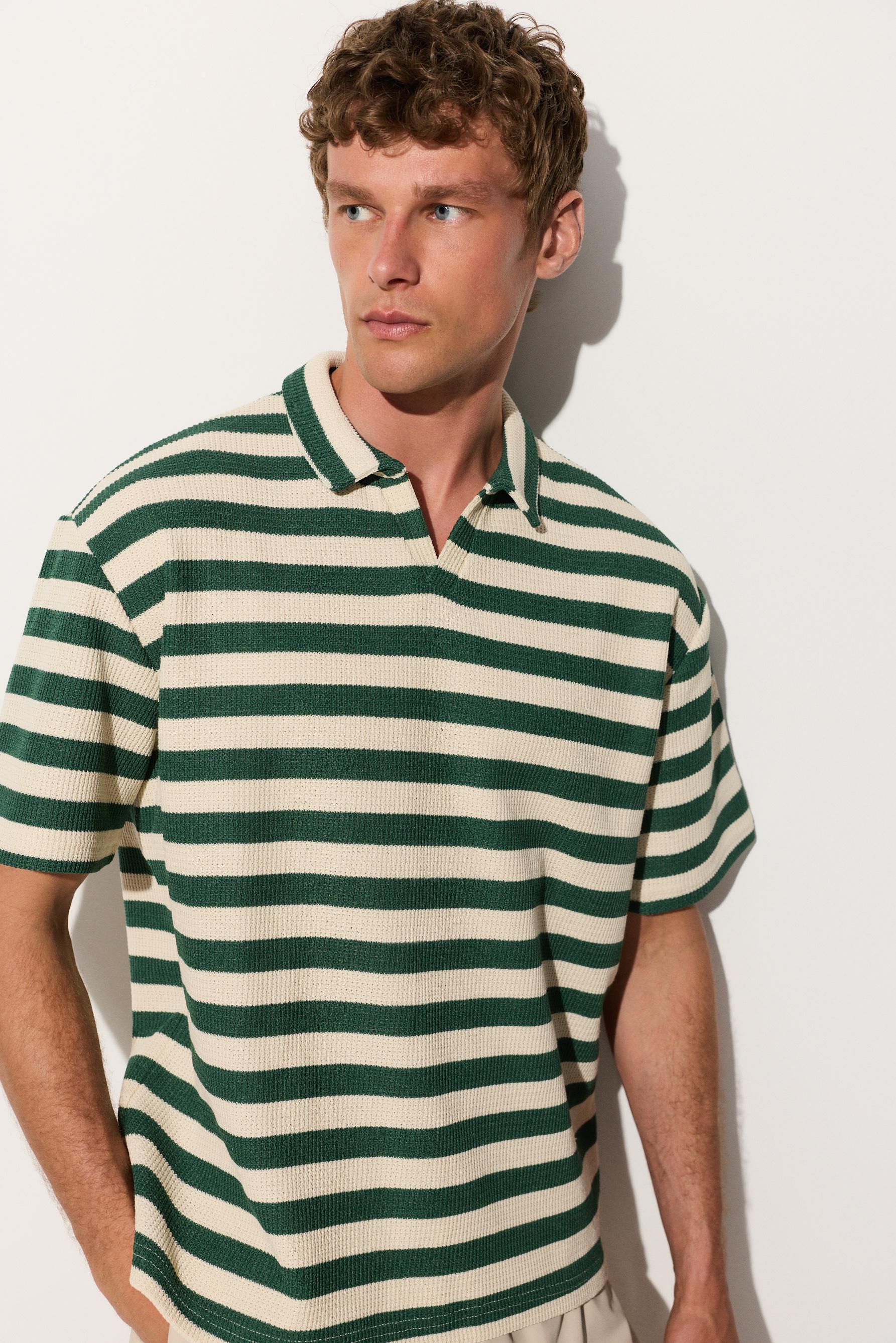 Men's | Green textured striped polo shirt — EMERALD GREEN