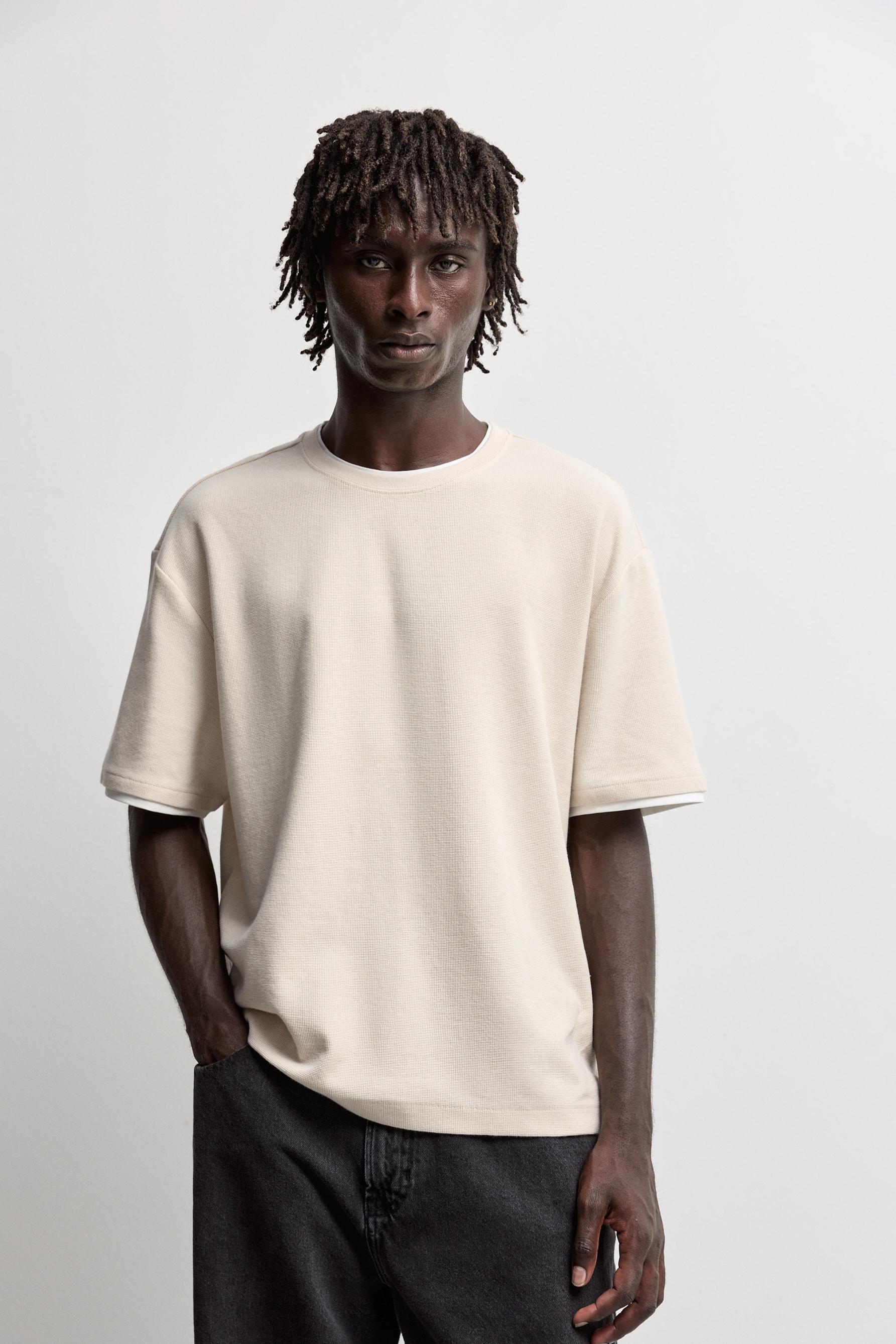Textured T-shirt with double collar — SAND