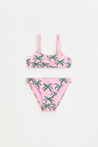 Ruched palm print bikini — PINK 1