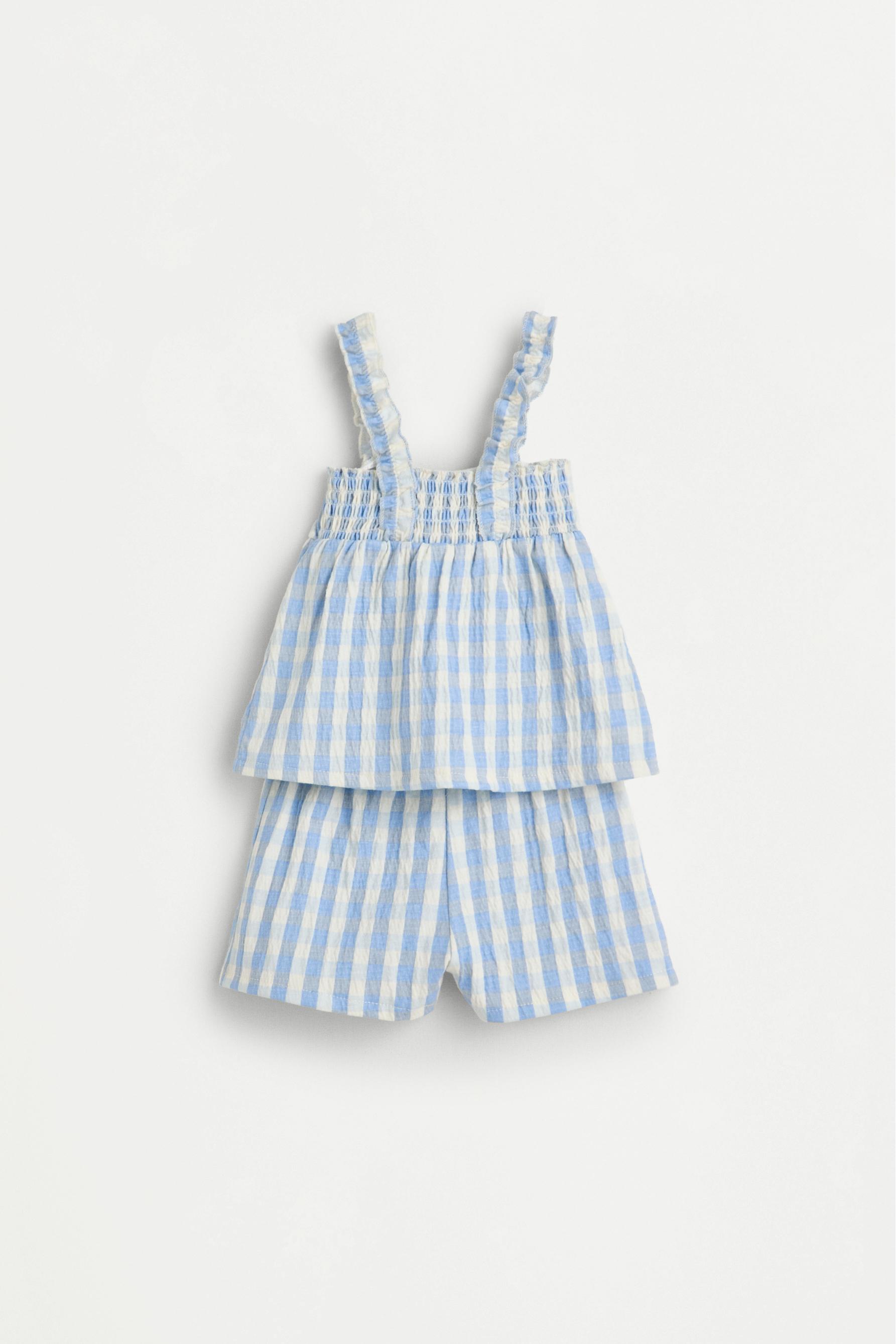 Gingham crepe top and shorts co-ord — BLUE