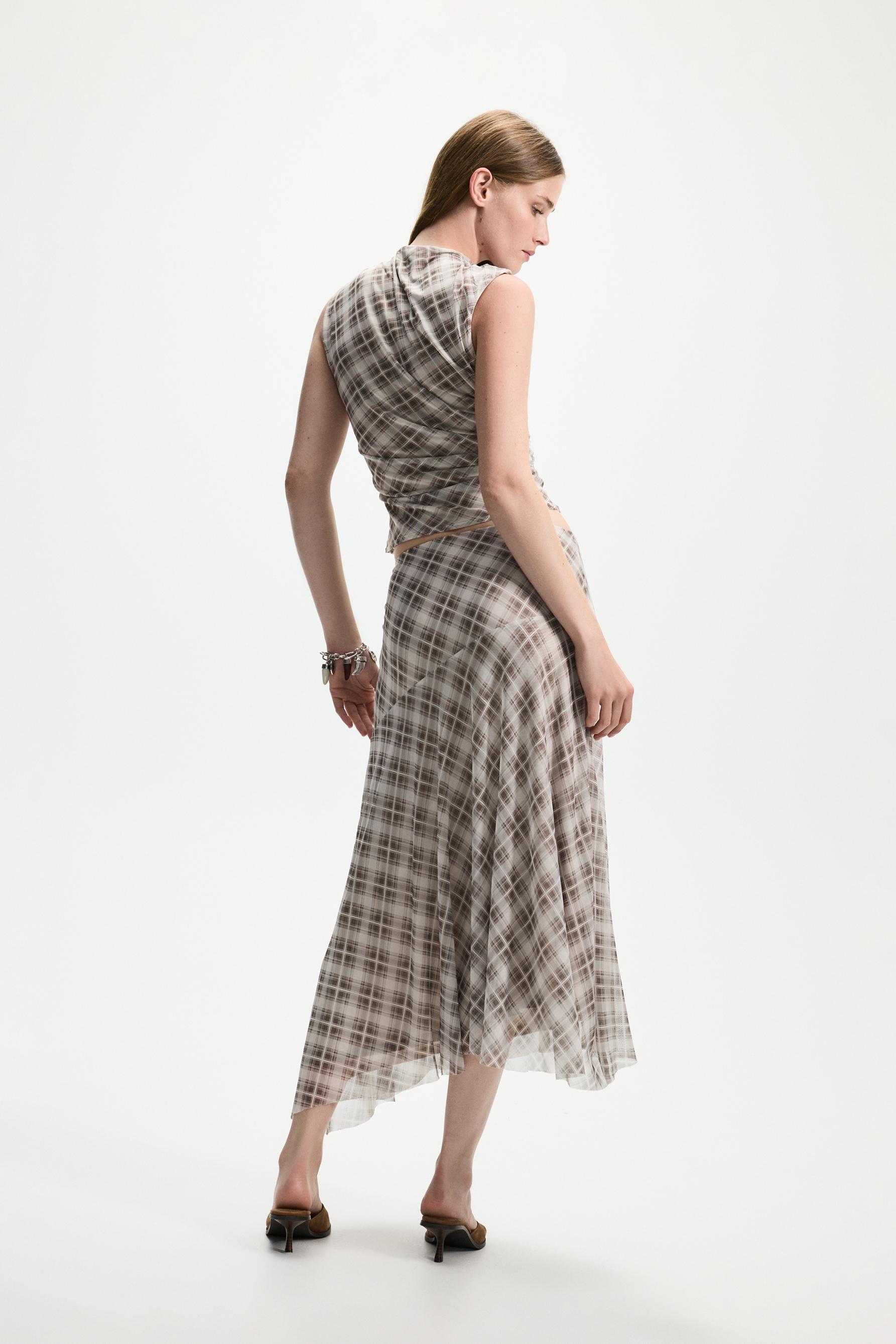 Plaid midi skirt — ECRU/BROWN