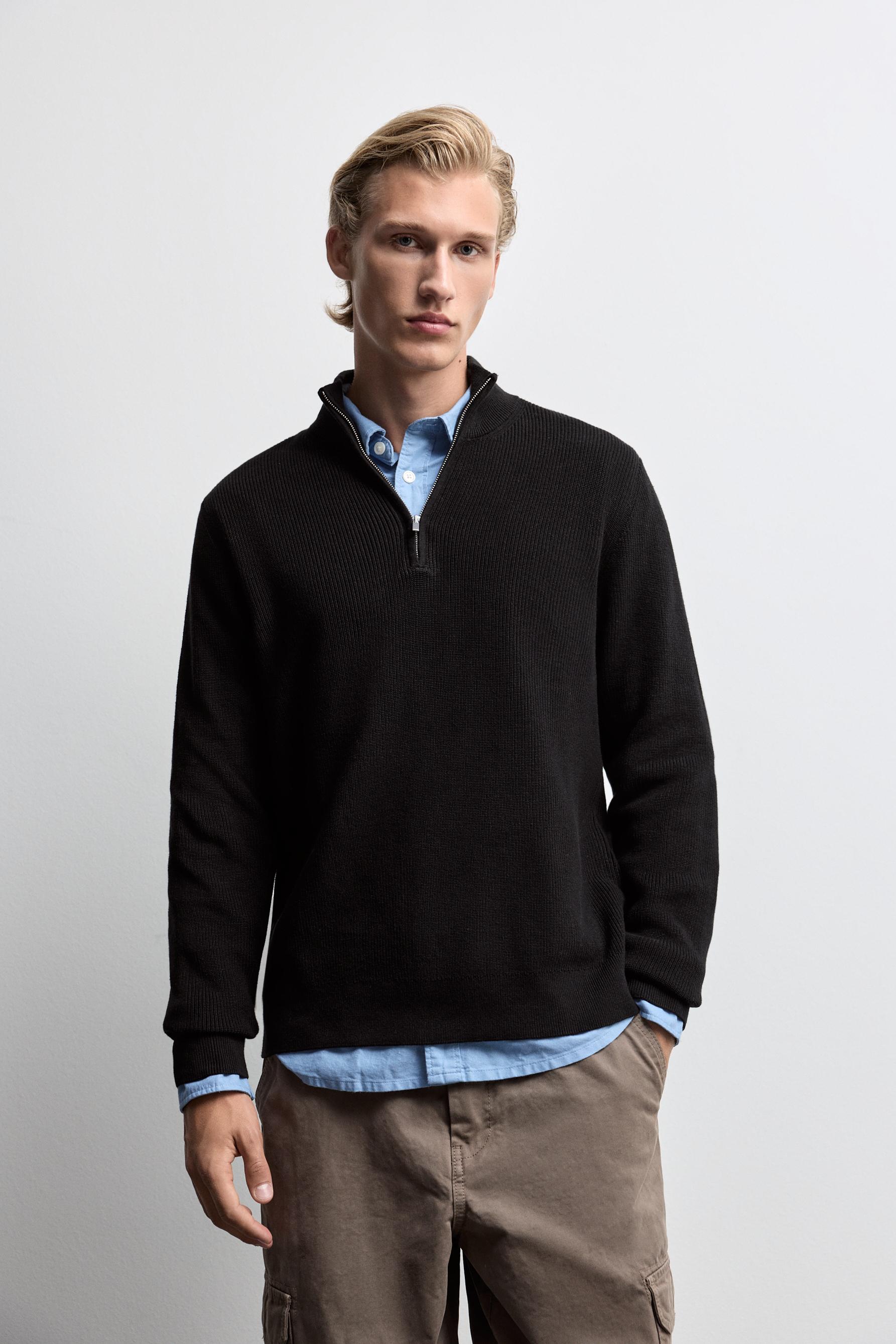 Textured zip-up sweater — BLACK