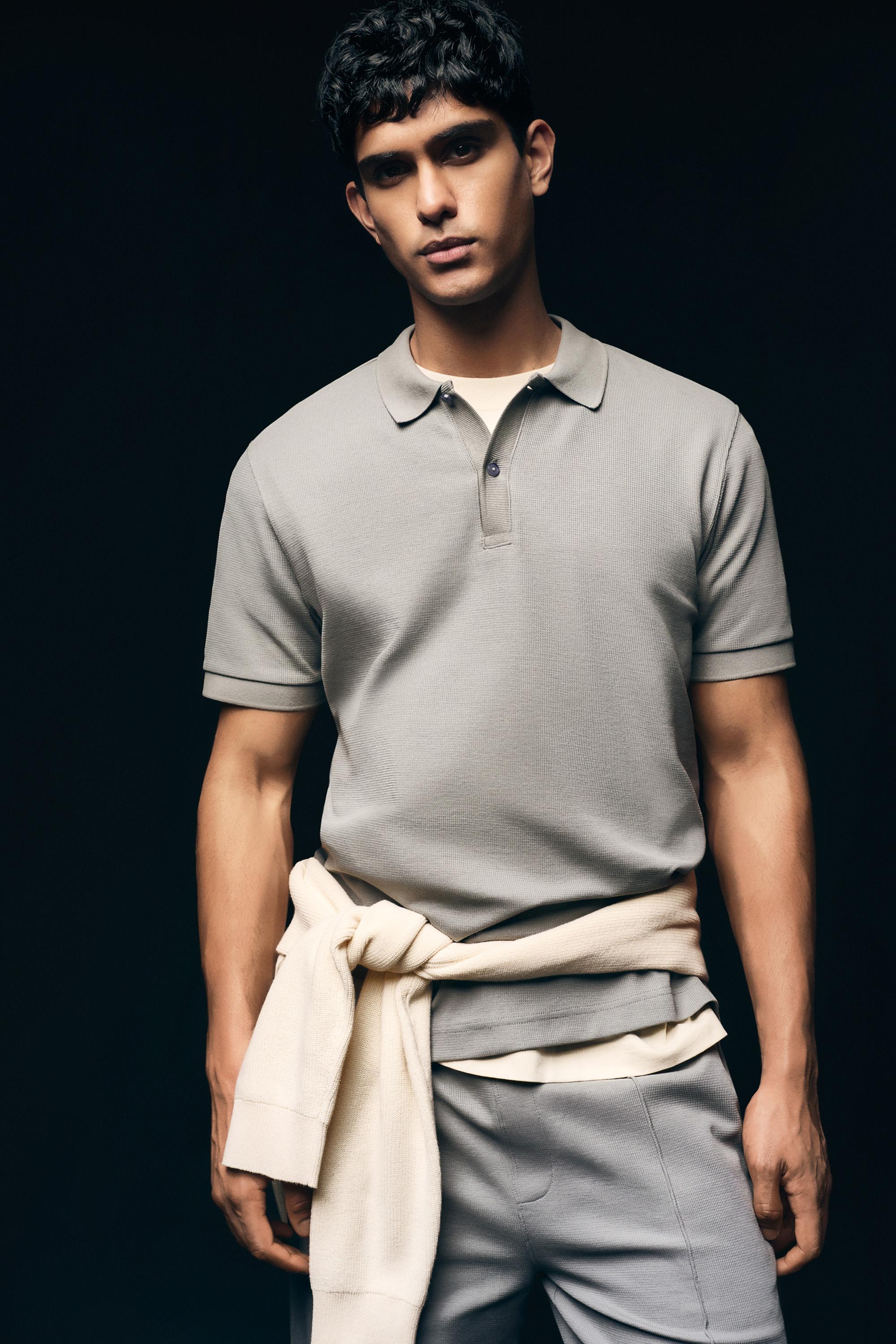 Basic textured polo shirt — BLUE GREY