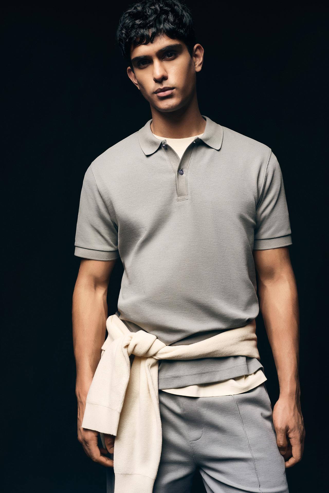 Basic textured polo shirt — BLUE GREY