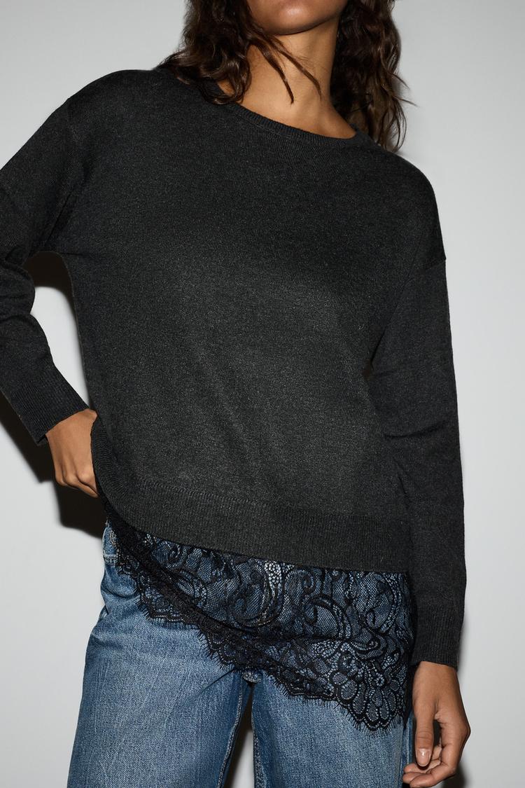 Lace hem sweater — GREY MARL