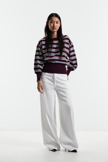 Off-the-shoulder knit sweater — BURGUNDY/ECRU 2