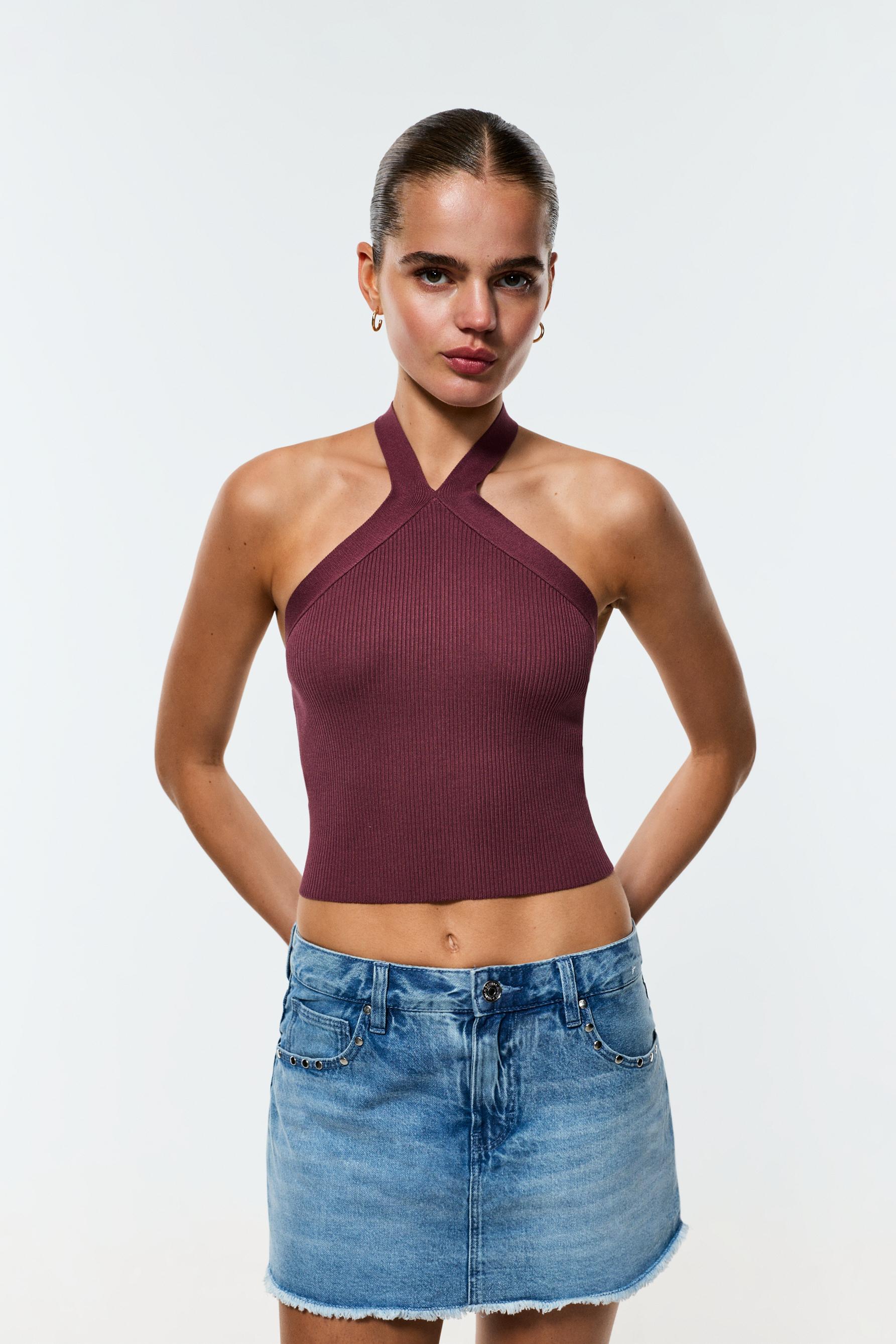 Criss-cross strap knit top — MAUVE PINK