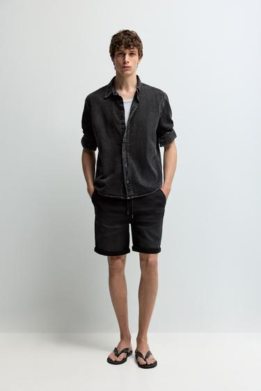 Denim jogger Bermuda shorts — FADED BLACK 1