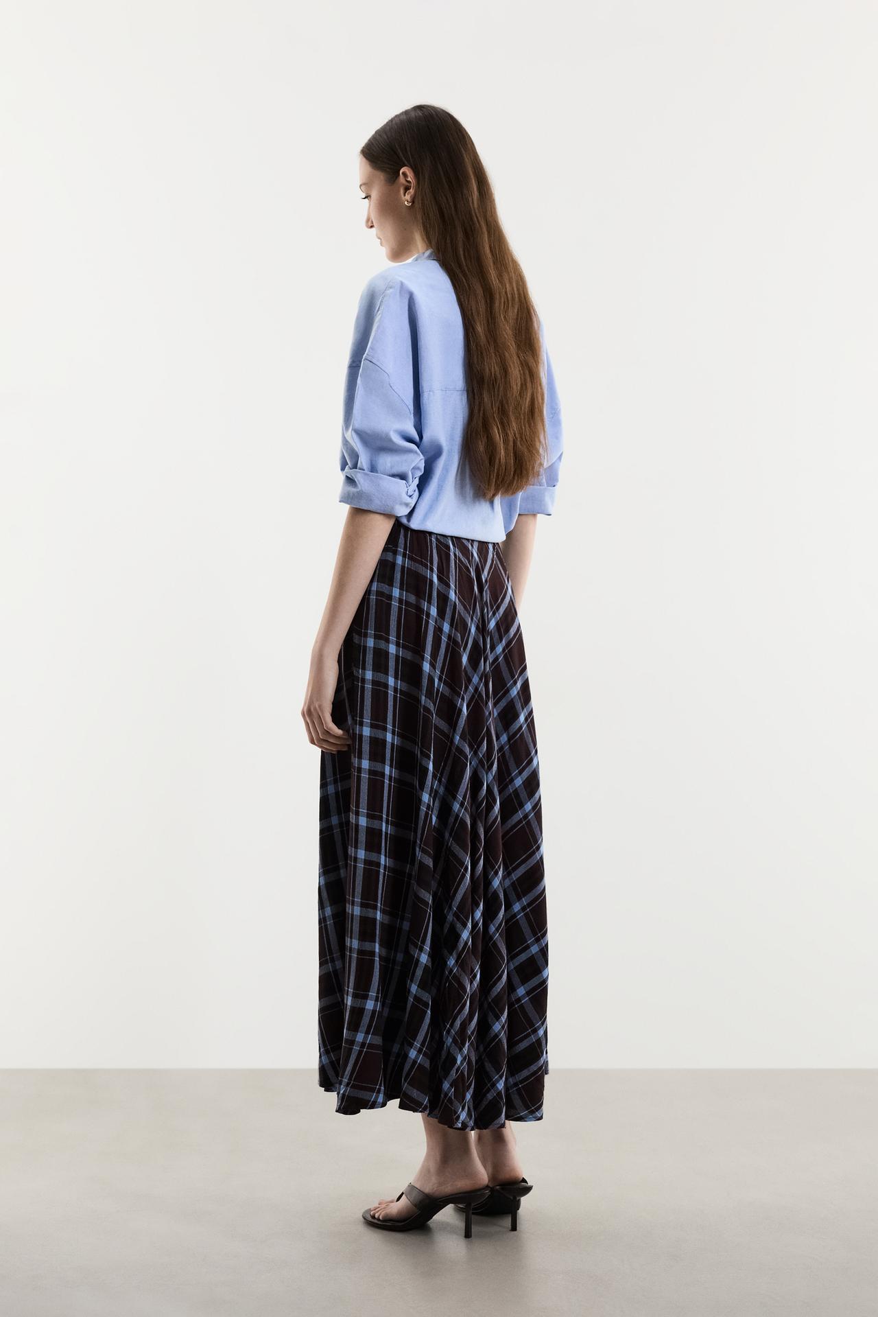 Plaid midi skirt — BROWN/BLUE