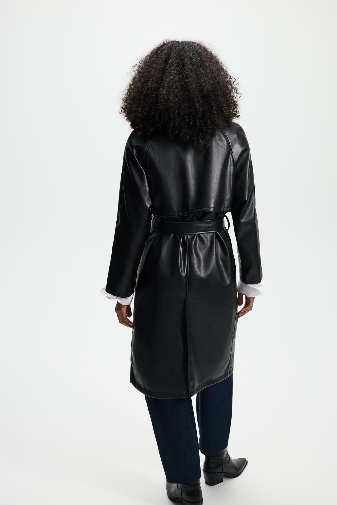 Oversize leather effect trench coat — BLACK