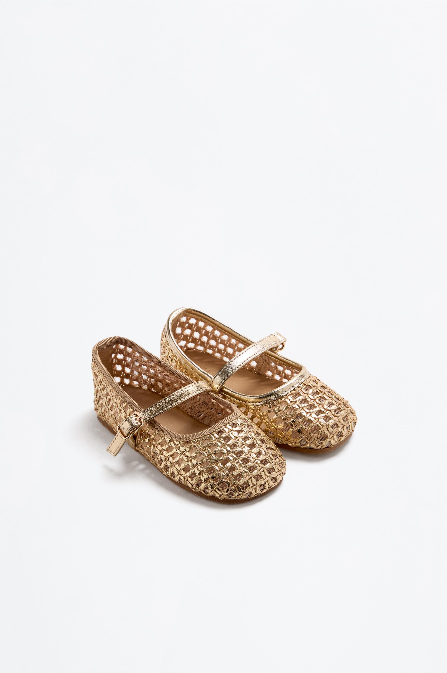 METALLIC MESH BALLET PUMPS — GOLD