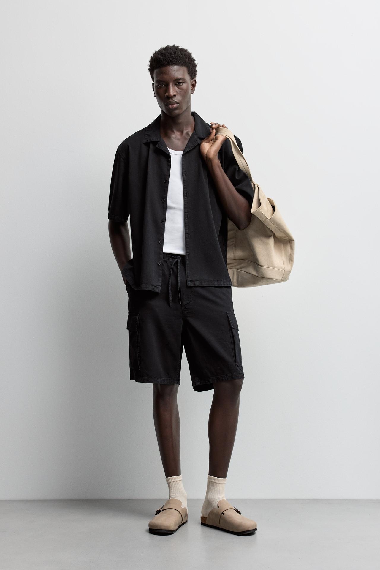 Cargo denim jogger Bermuda shorts — BLACK