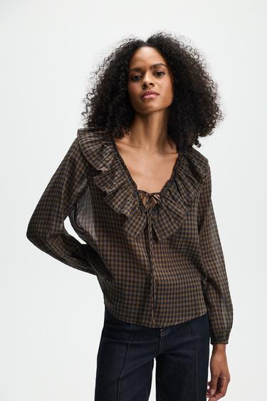 Plaid ruffle blouse — BROWN 2