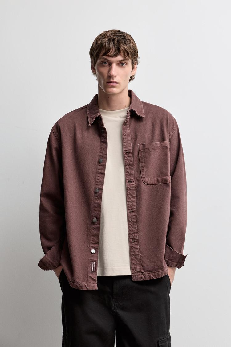 Denim overshirt with pocket — BURGUNDY