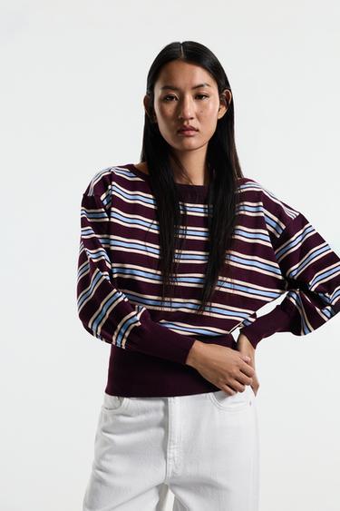 Off-the-shoulder knit sweater — BURGUNDY/ECRU 1