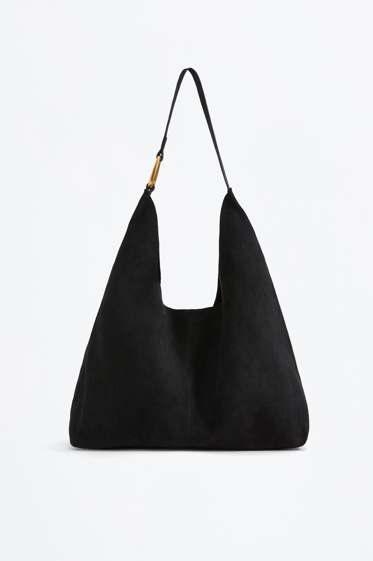 Faux suede bucket bag with ring detail — BLACK